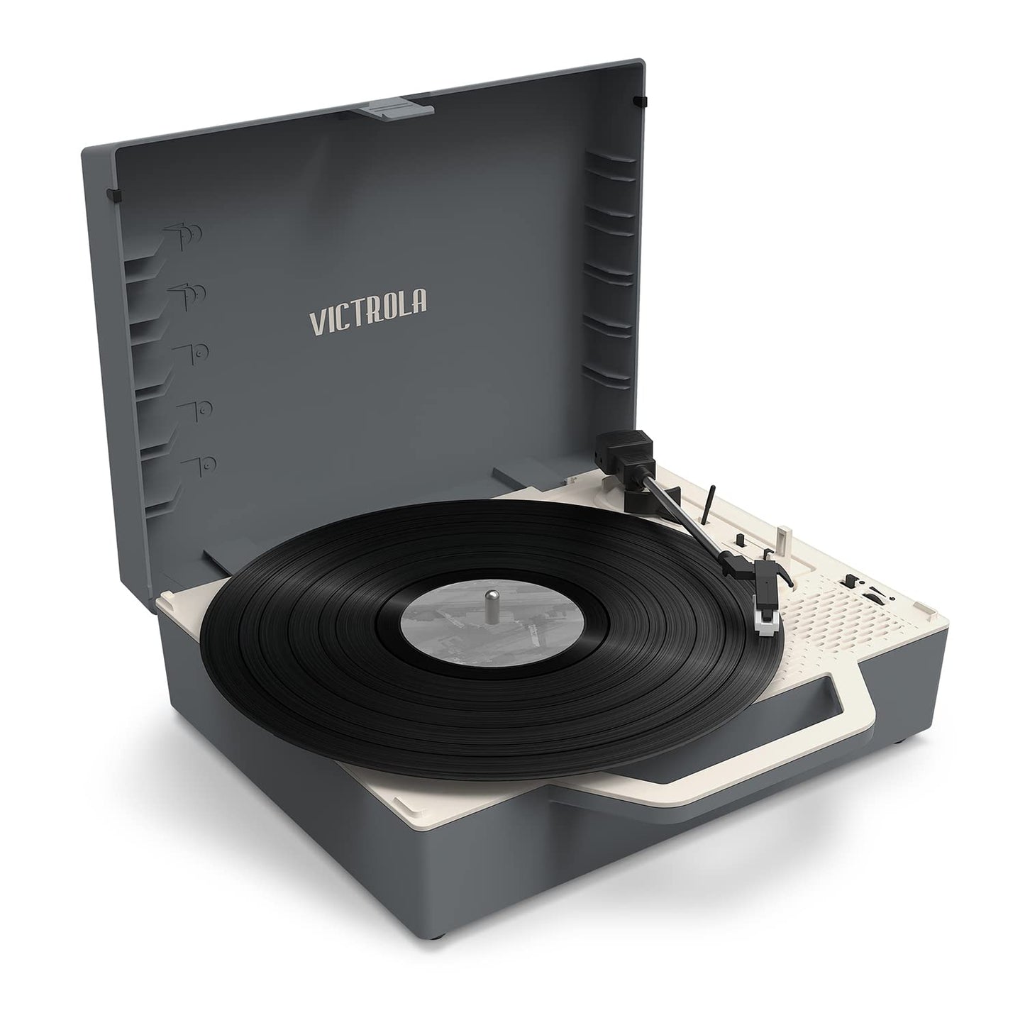 Tocadiscos Portátil Victrola Gris con Bluetooth y Radiador de Graves Integrado