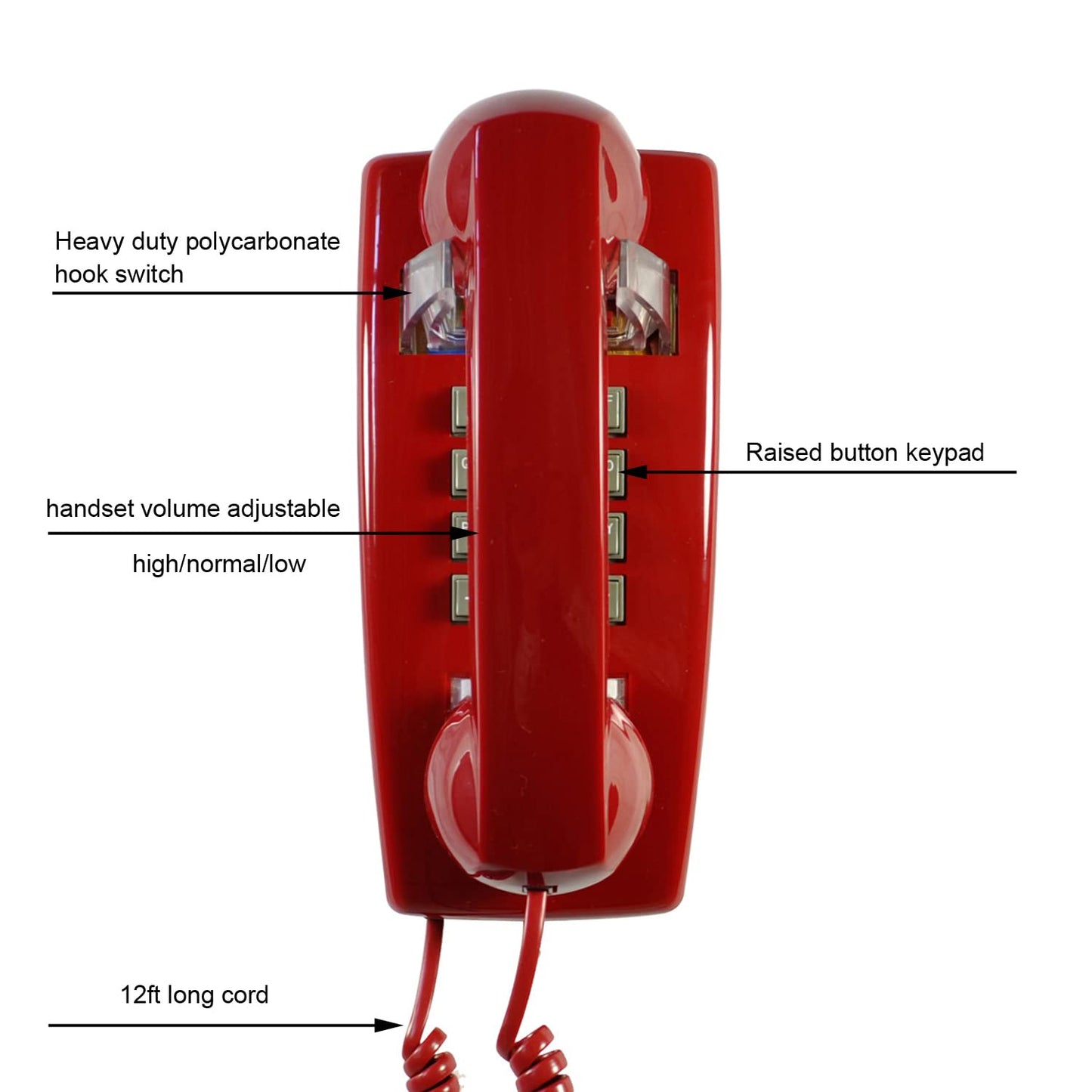 Teléfono de pared rojo, teléfono fijo montado en la pared, teléfono de pared clásico chapado en pared de plástico para hogar, oficina, hotel, cabina de teléfono, teléfono analógico antiguo ajustable