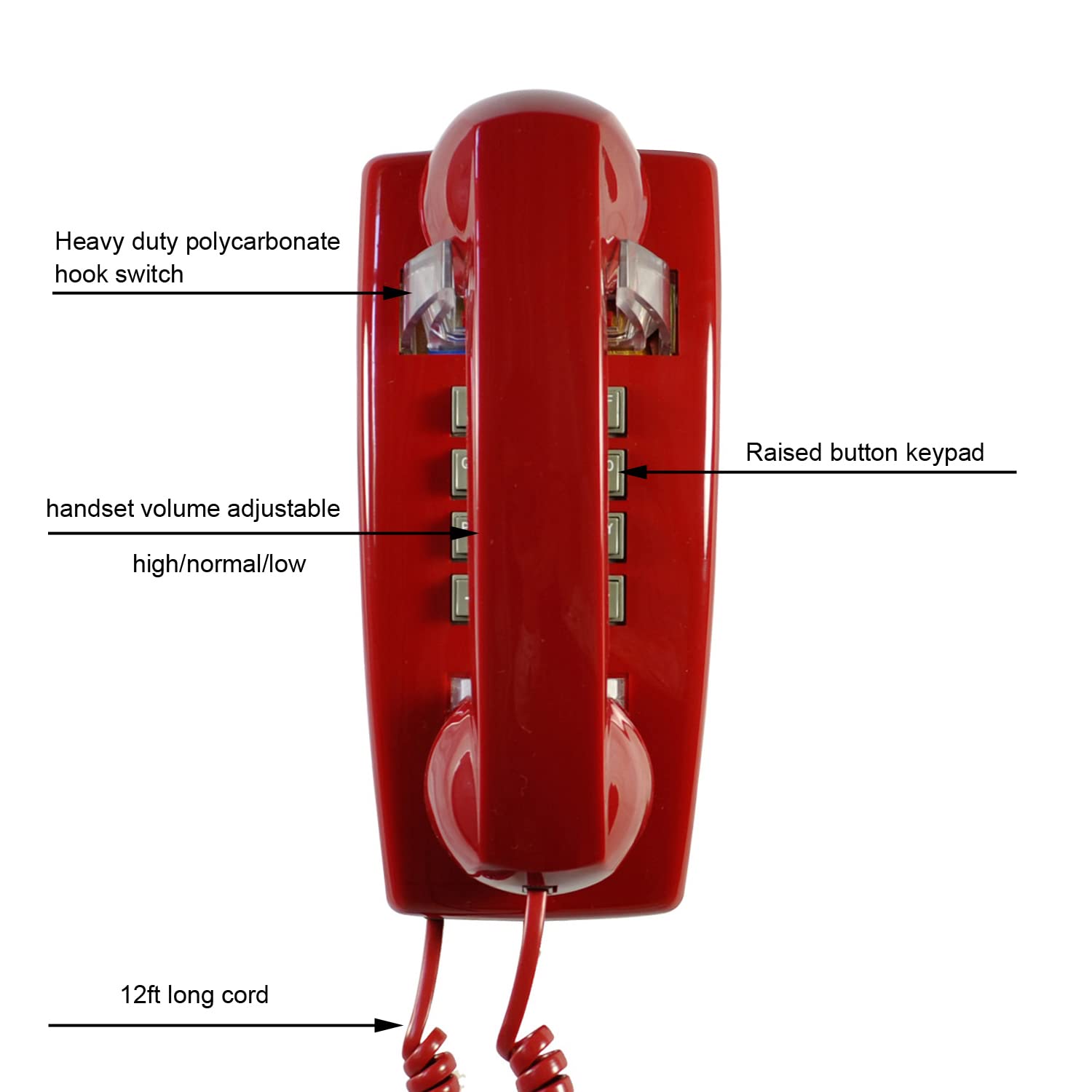 Teléfono de pared rojo, teléfono fijo montado en la pared, teléfono de pared clásico chapado en pared de plástico para hogar, oficina, hotel, cabina de teléfono, teléfono analógico antiguo ajustable