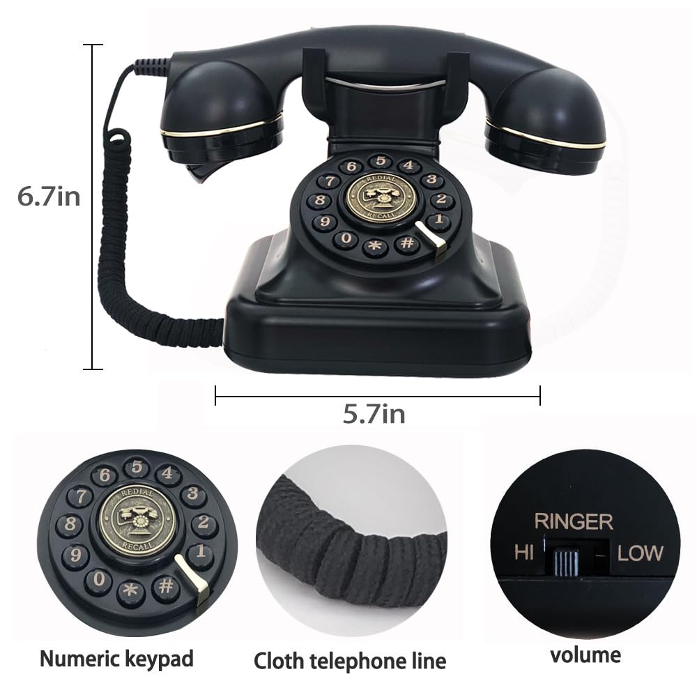TelPal - Teléfono fijo retro para el hogar, teléfono antiguo con cable negro, botón antiguo de los años 30, teléfono antiguo con botón grande, teléfono clásico, caja fuerte para cortes de energía, botón de revisión, teléfonos clásicos retro de la casa