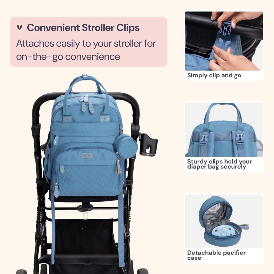 BabbleRoo Mochila para pañales, bolso esencial de viaje para bebé, impermeable, multifunción, con cambiador, correas para cochecito y estuche para chupetes, unisex, azul claro