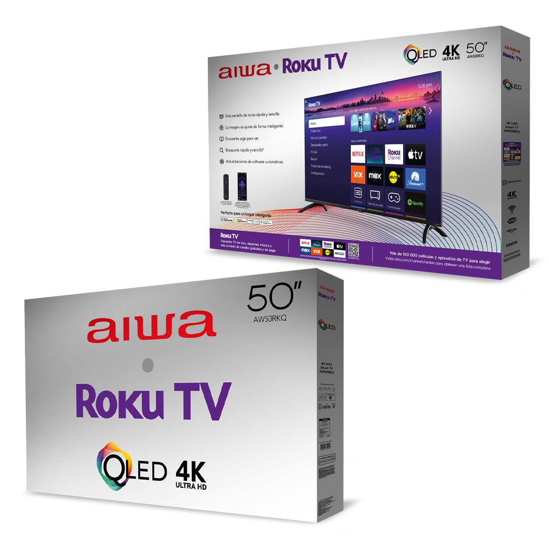 Aiwa Smart TV 50 Pulgadas QLED 4K UHD Roku TV AW50RKQ con HDR, Dolby Audio, WiFi, Bluetooth, 4 HDMI eARC, Pantalla Ultra HD