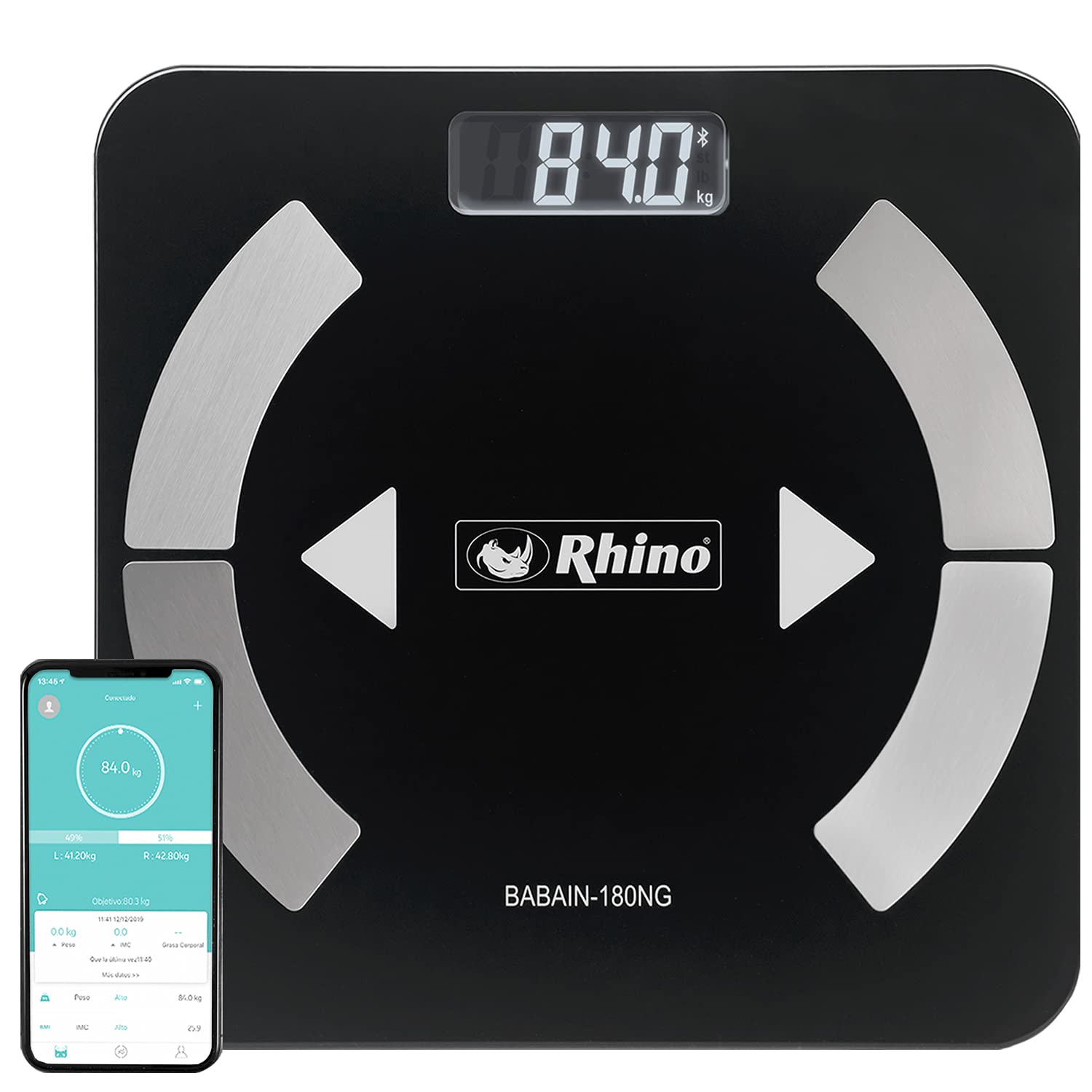 RHINO, Báscula Digital Corporal, Capacidad 180 kg/100g. Precisión, Conectividad Bluethooth, APP FITDAYS Gratis, Compatible iOS y Android, Baterías Incluidas, BABAIN-180NG