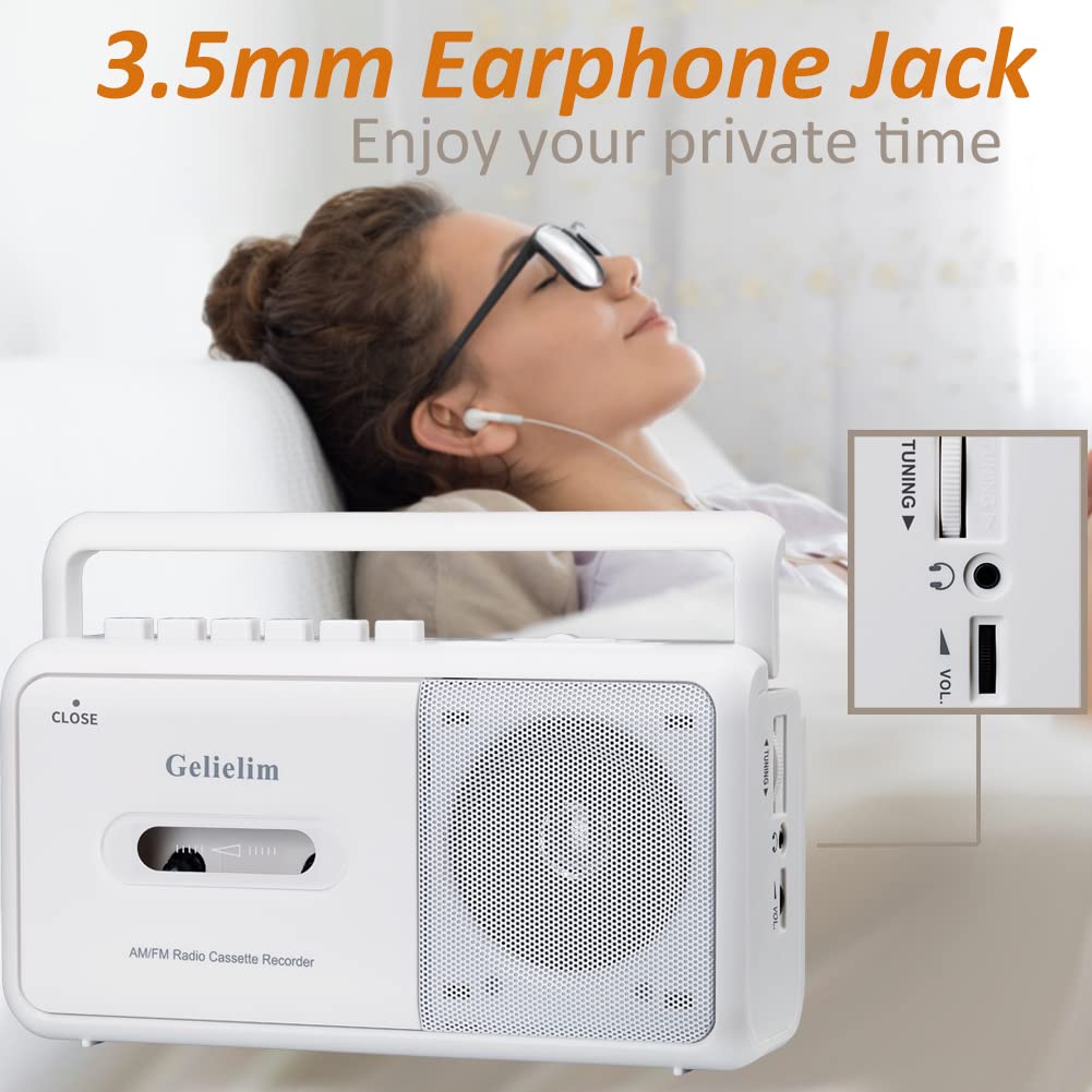 Gelielim Boombox - Reproductor de cassette, radio estéreo portátil AM/FM, reproductor de cinta de casete con altavoz grande y conector para auriculares, funciona con pilas o reproductor de cinta con alimentación de CA