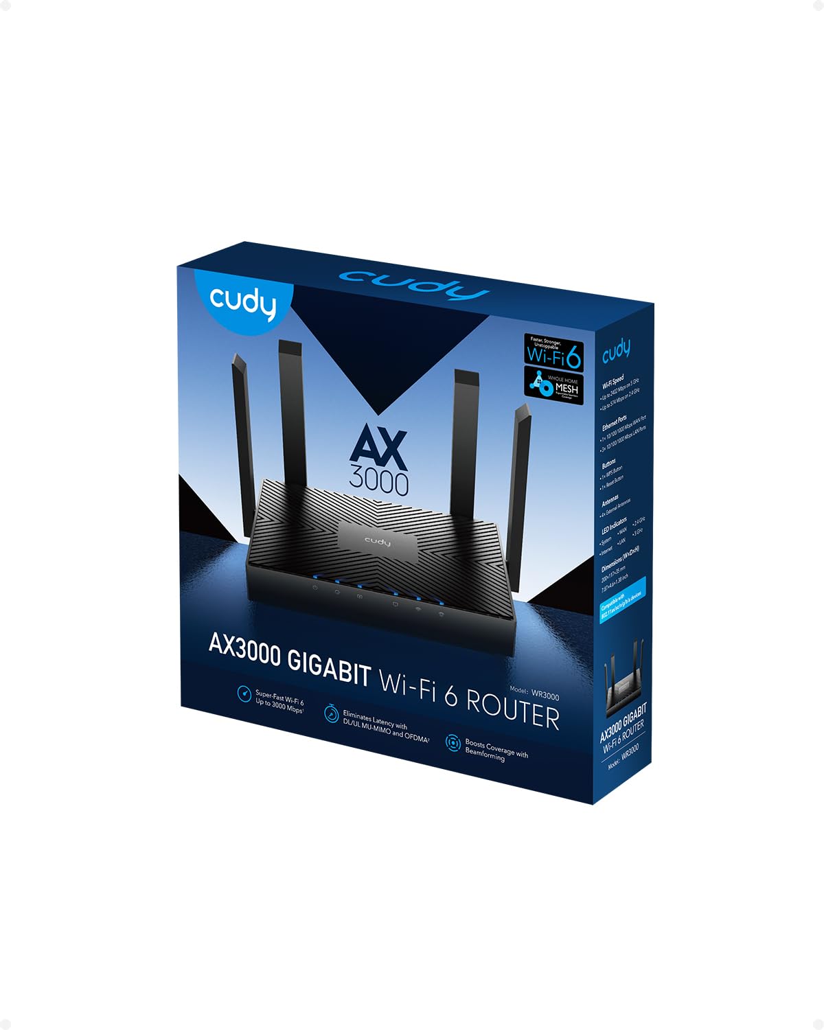 Cudy AX3000 WiFi 6 Router – 802.11ax Wireless Dual Band Gigabit Internet Router, compatible con VPN, MU-MIMO, WireGuard, Cudy Mesh compatible WR3000