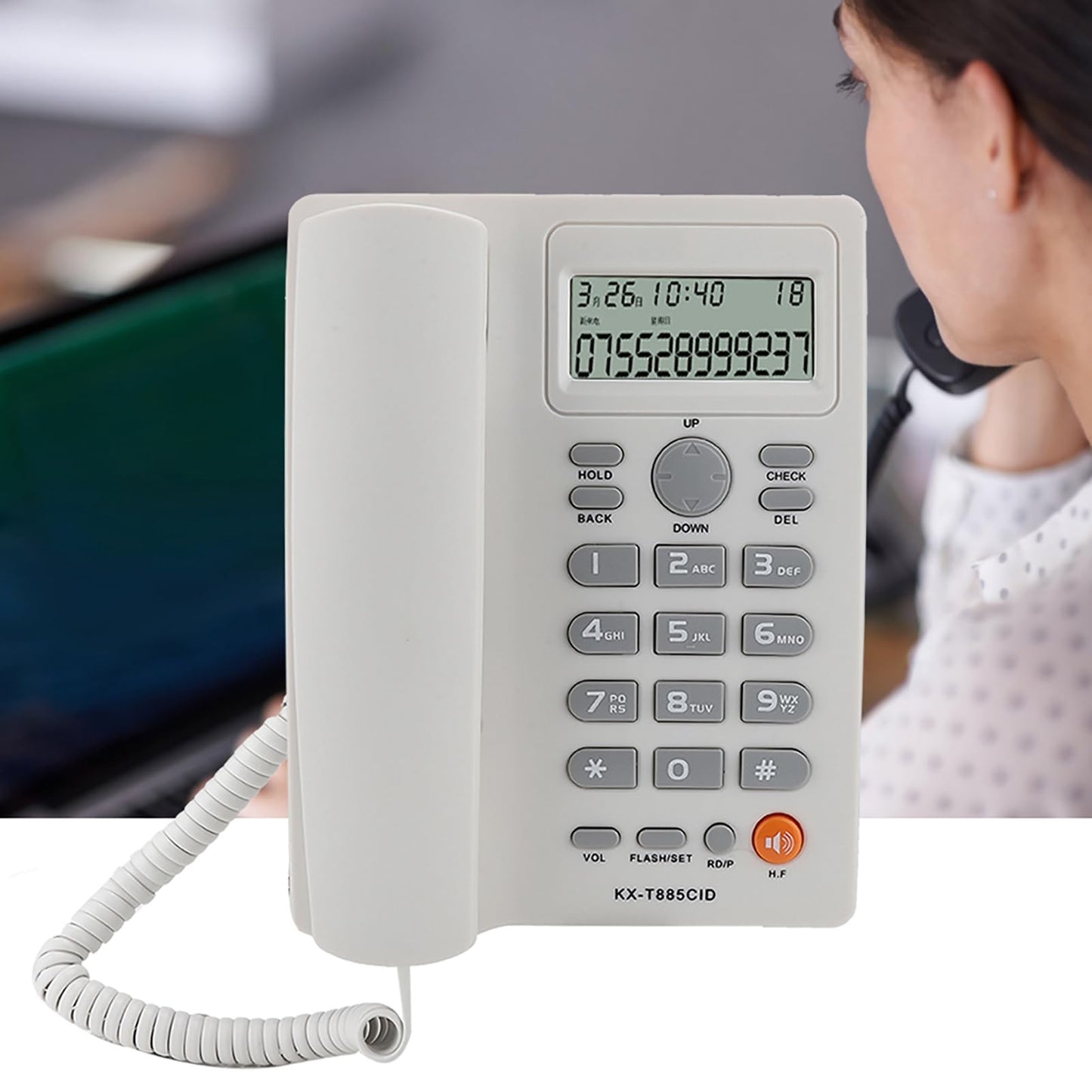 Teléfono con Cable Identificador de Llamadas Teléfono Manos Libres Oficina Hogar Hotel Teléfono Fijo Claro Sonido Marcado Rápido Función de Pausa / Retención Último Número Volver a Marcar(Blanco)