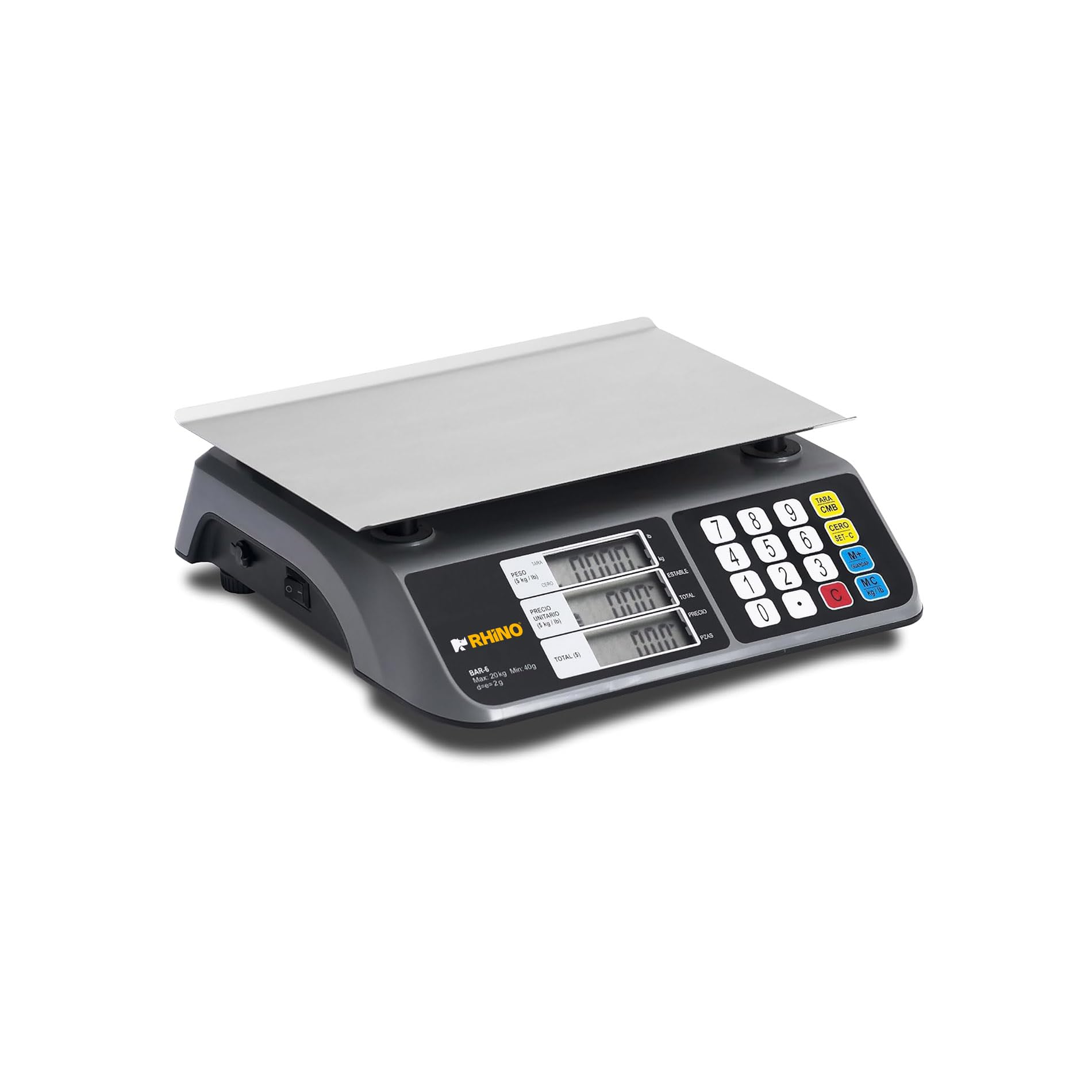 RHINO, Báscula Digital Comercial, 20 kg, Pantallas de Usuario y Cliente, Función de Conteo de Piezas, Precio Neto,10 Memorias en Teclado para Productos con Mayor Desplazamiento, BAR-6