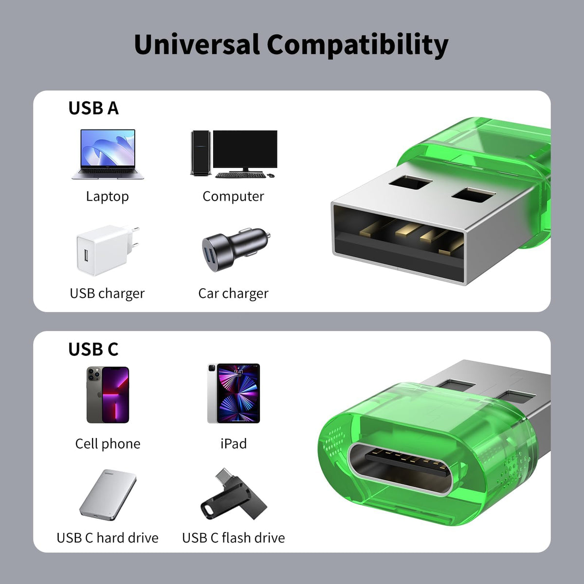 Adaptador USB C a USB Macho Verde Paquete de 12 para Carga Súper Rápida y OTG