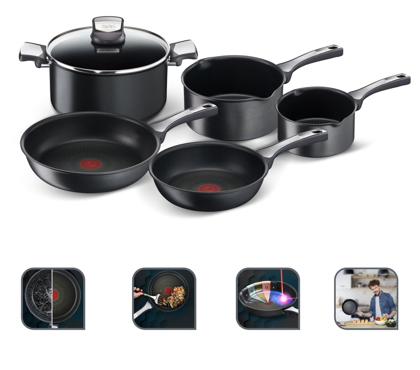 T-fal Unlimited On, Set de 5 Sartenes y cazos, sarten 20 y 26 cm, cazos 16, 20 y 24 cm, Thermo-Signal, Apta para Gas, vitrocerámica, eléctricas e inducción, Forma Profunda, Base Reforzada, 25990AZ