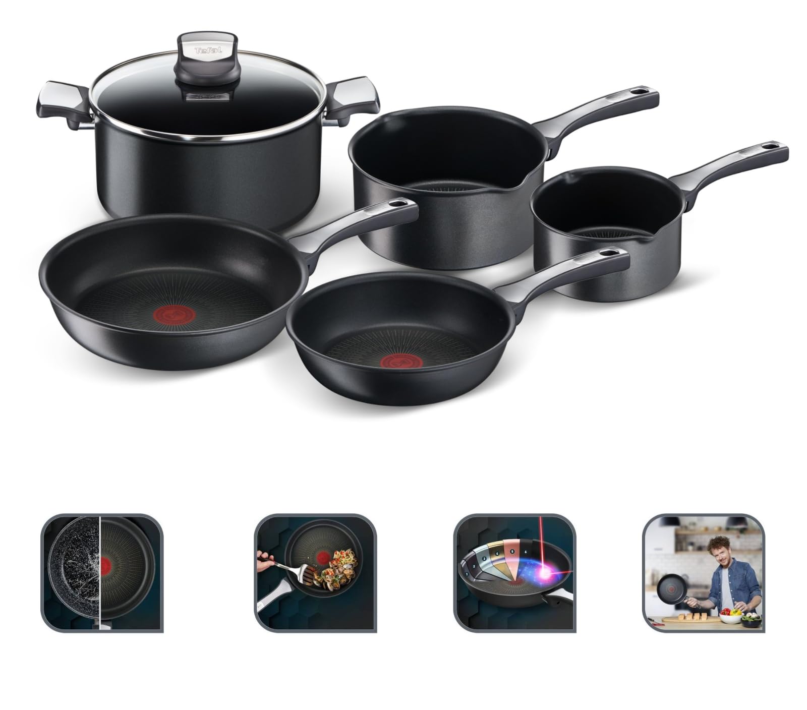 T-fal Unlimited On, Set de 5 Sartenes y cazos, sarten 20 y 26 cm, cazos 16, 20 y 24 cm, Thermo-Signal, Apta para Gas, vitrocerámica, eléctricas e inducción, Forma Profunda, Base Reforzada, 25990AZ