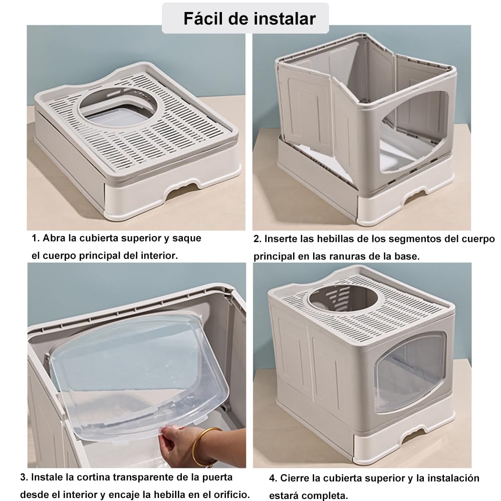 Arenero/Inodoro para Gato con Pala de Plegable, Caja de Arena para Gatos Removibles 51*44*41cm con Puerta Superior&Puerta Lateral Móvil de dos Direcciones, Antiolor y a Prueba de Salpicaduras (Gris)