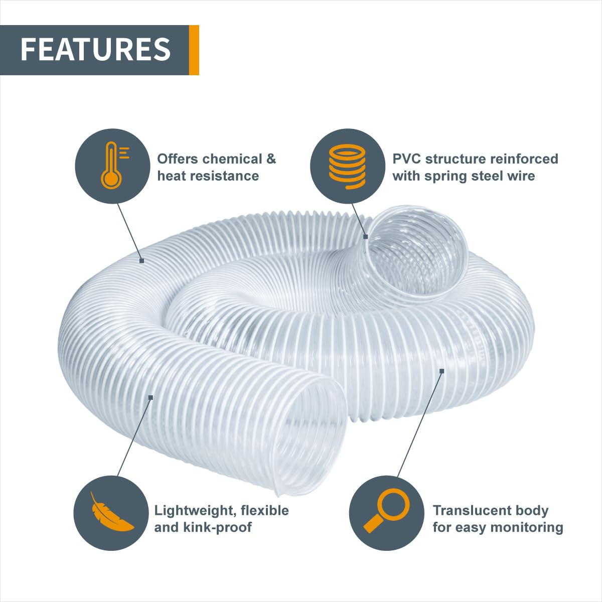 Manguera Flexible de Recolección de Polvo POWERTEC Transparente con Abrazaderas