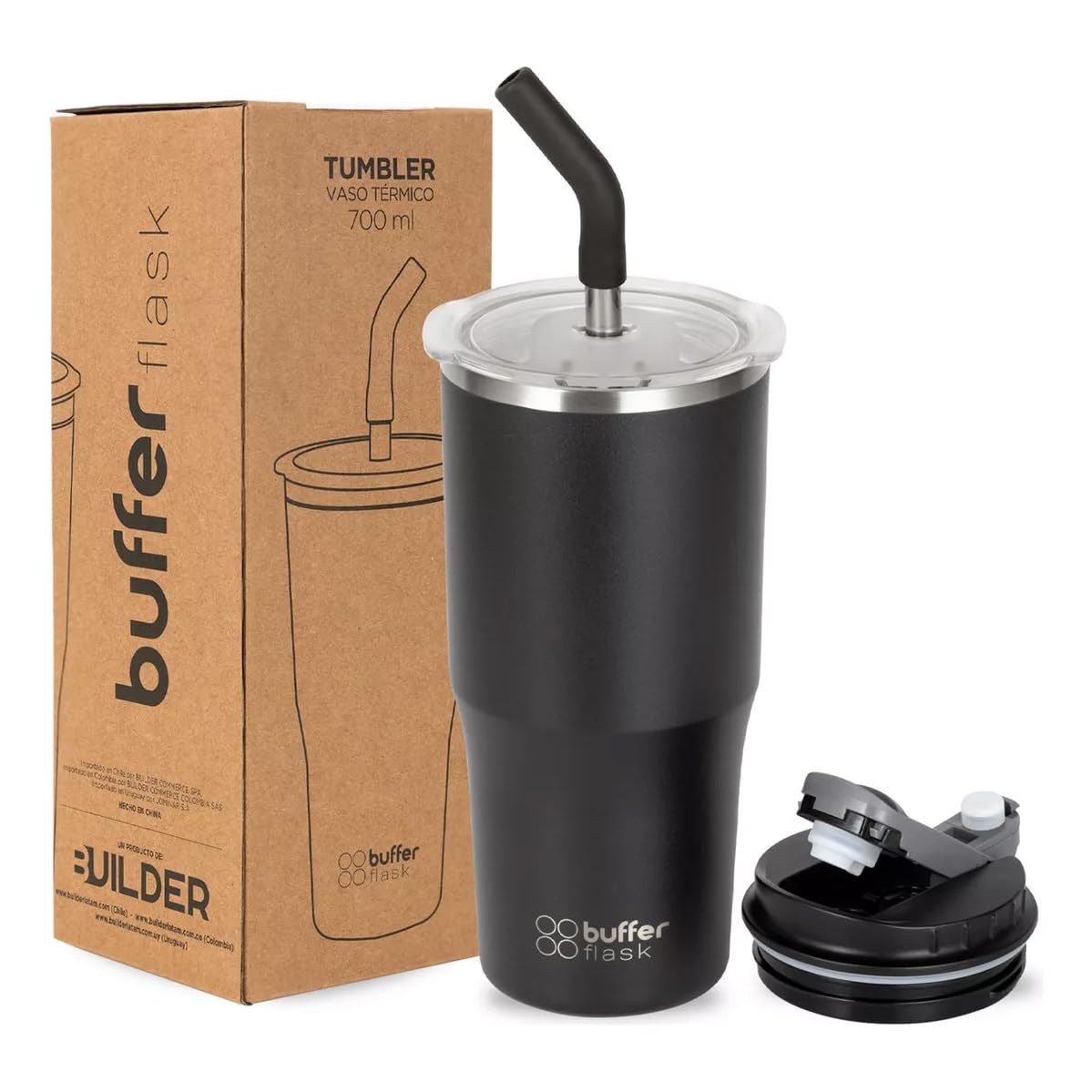 Buffer Flask - Vaso Térmico 700 ml - Termo para Café y Agua de Acero Inoxidable - Tapa Anti Derrame y Fugas - Taza Tumbler Mug para Bebidas Frías y Calientes - Incluye Popote - Color Negro