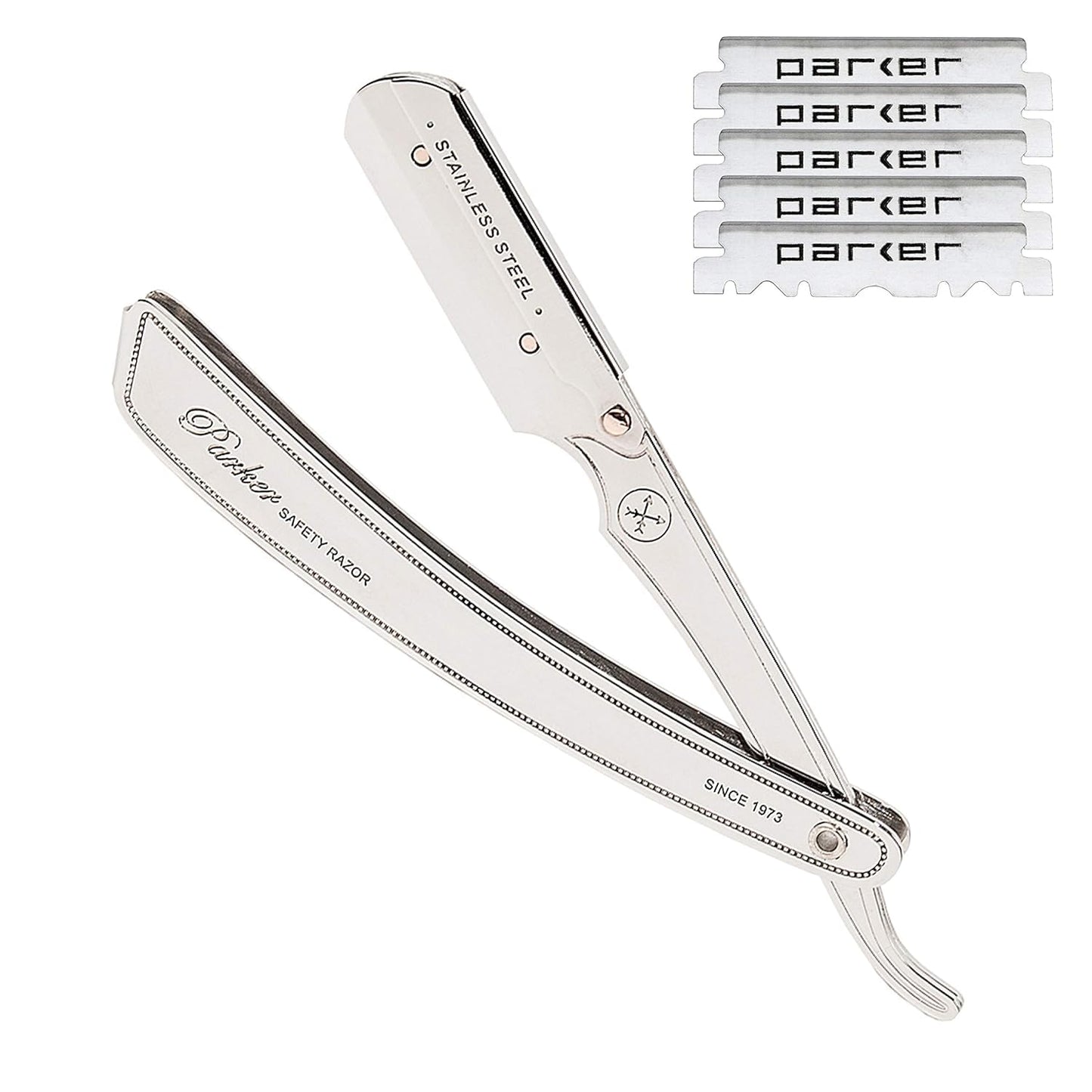 Parker SRX - Maquinilla de afeitar profesional de borde recto 100% acero inoxidable para hombres y 5 cuchillas Parker de borde recto premium – Diseñado para barberías y salas de afeitar