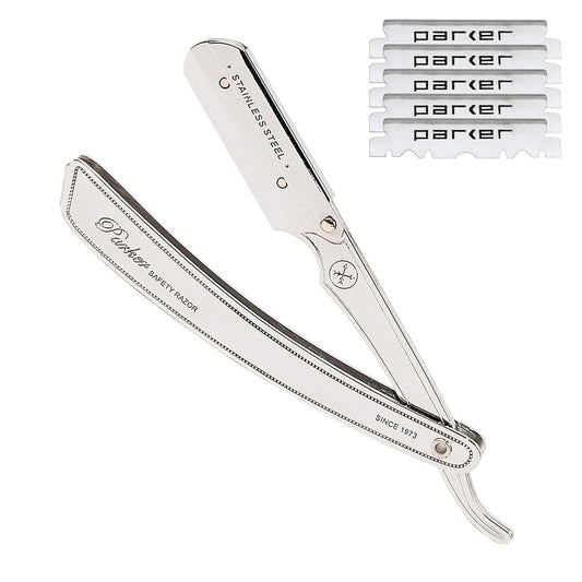 Parker SRX - Maquinilla de afeitar profesional de borde recto 100% acero inoxidable para hombres y 5 cuchillas Parker de borde recto premium – Diseñado para barberías y salas de afeitar
