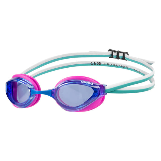 ARENA - anteojos de natación unisex de Python Racing para hombres y mujeres, lentes antivaho, sin espejo, máxima comodidad, doble correa, azul/fucsia/agua
