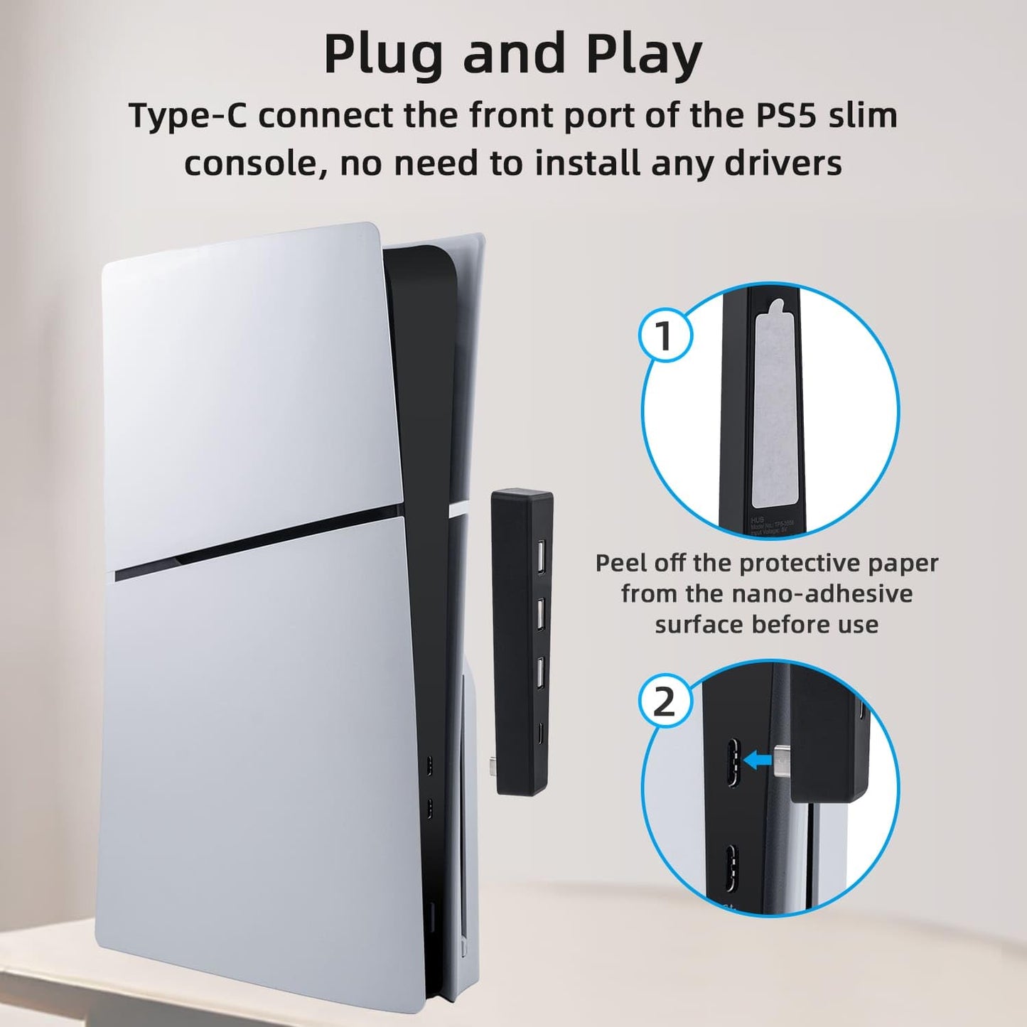 Mcbazel Hub USB para consola PS5 Slim/PS5 Pro solamente, 4 puertos 2.0 de alta velocidad de expansión Hub cargador convertidor adaptador para PlayStation 5 Slim/Pro Disc y edición digital, negro