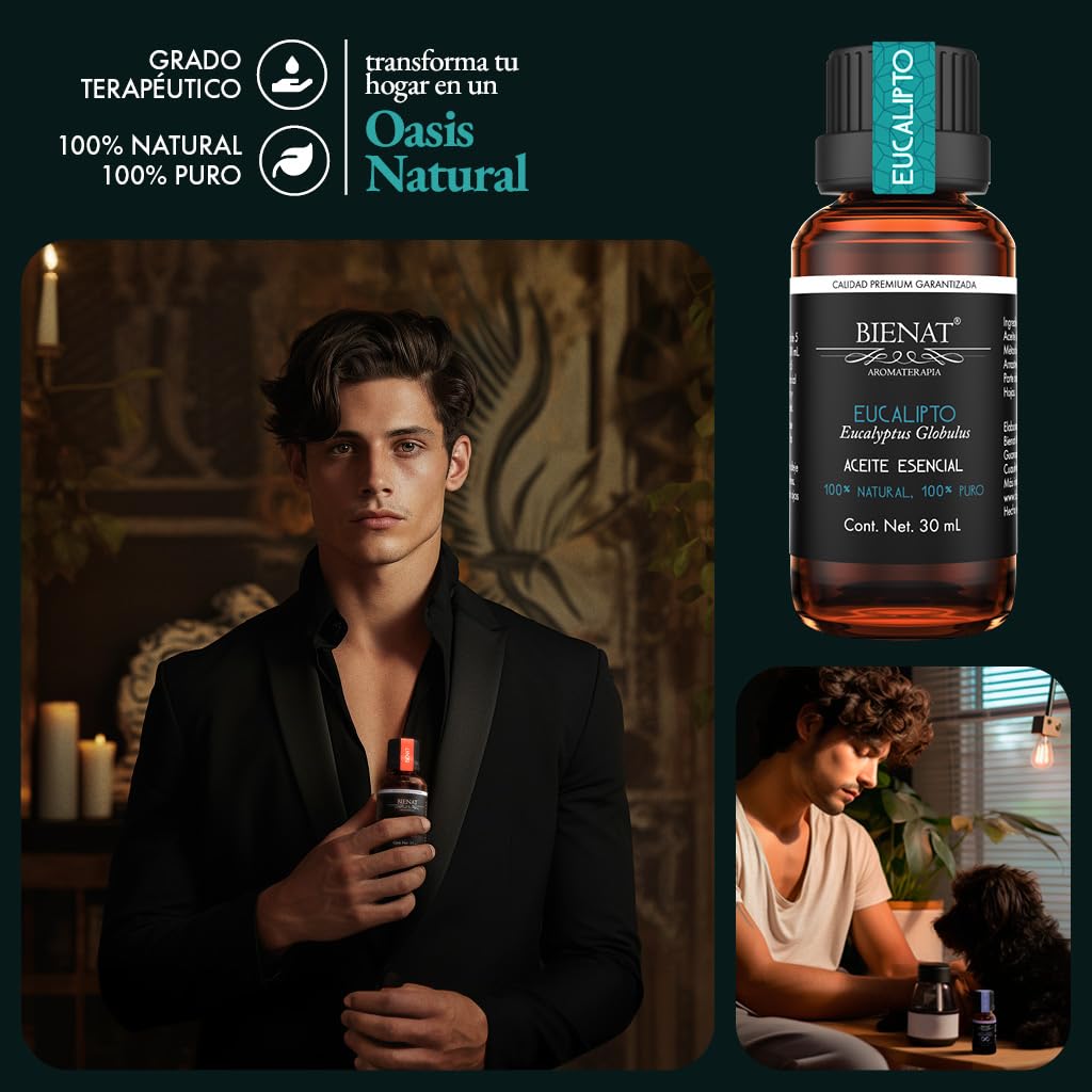 BIENAT AROMATERAPIA Aceite Esencial de Eucalipto 30mL | 100% Puro y Concentrado | Ideal para Difusor de Aromas, Humidificador, Aromaterapia, Masajes, Meditación, Jabones y Velas | Esencia Natural en Gotas