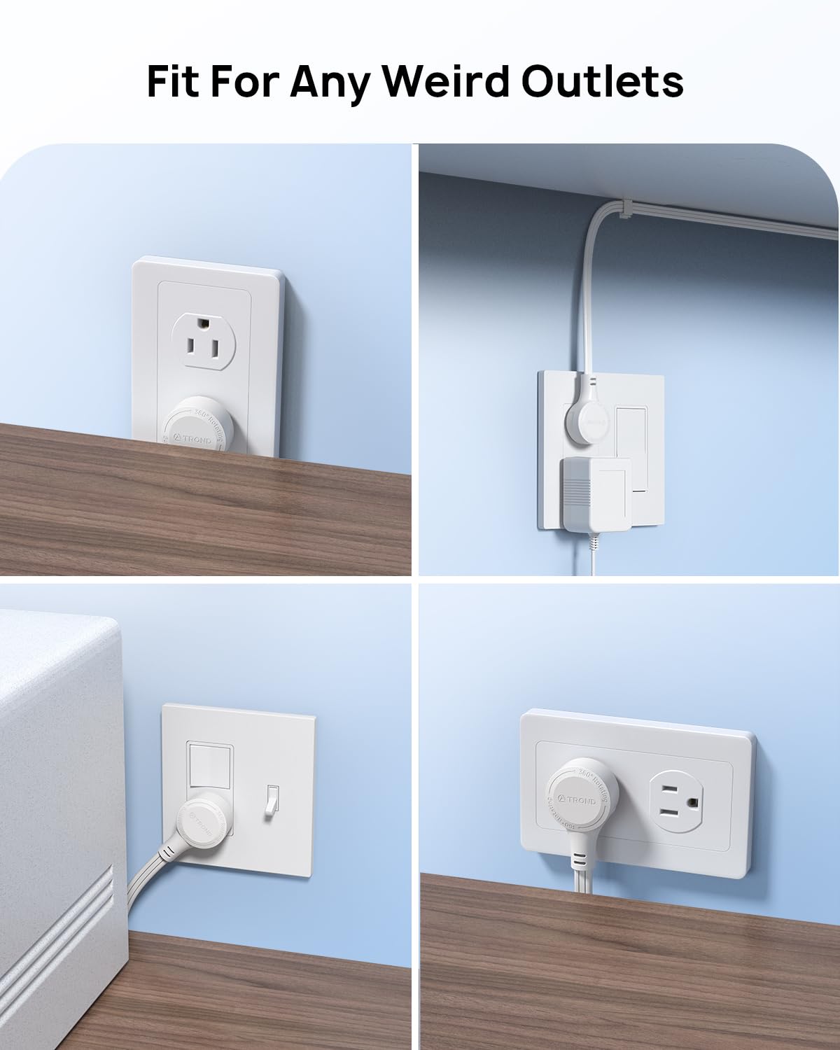 TROND Cable de Extensión 1.5 Pies - Enchufe Plano Giratorio 360°, 3 Tomas con Tierra, 13A, Cable SPT 16/3 AWG, Ideal para Hogar, Oficina, Cruceros y Viajes, Blanco.