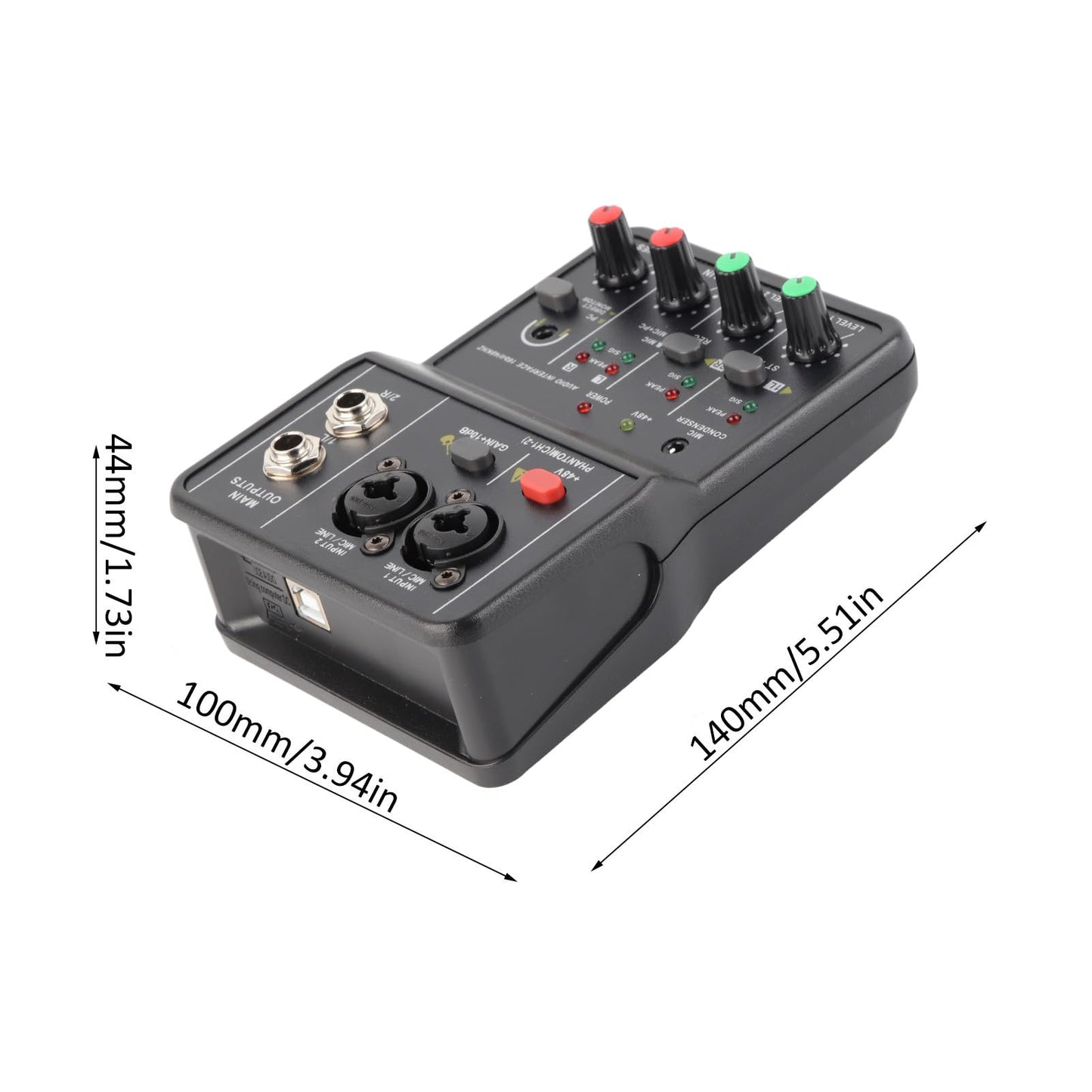 Chazcool Mezclador de Audio de 2 Canales, Consola de Mezcla de Sonido Compacta, Tarjeta de Sonido Usb, Phantom Power 48V, Control de Volumen Independiente, para Grabación de PC Música, Karaoke en Casa