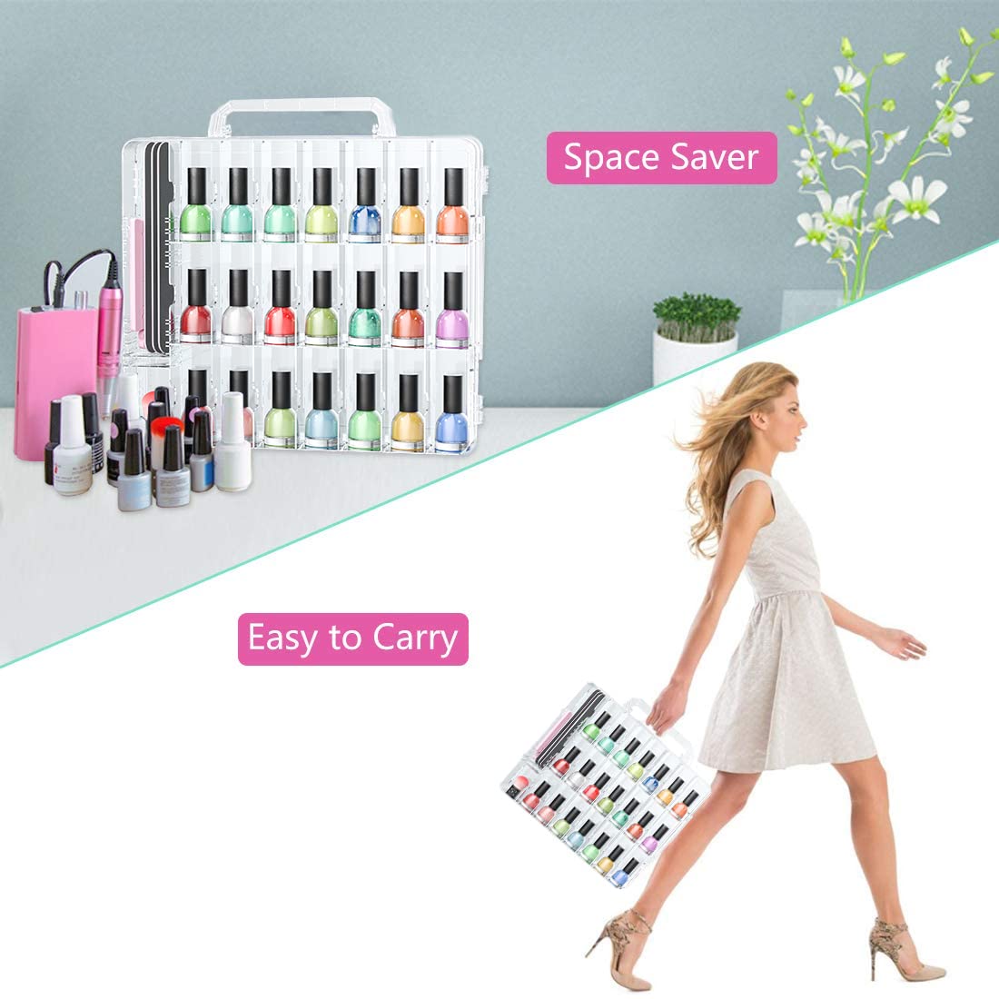 Universal Double Side Transparent Nail Polish Gel Organizer Holder for 48 Bottles Adjustable Space Divider with Two Toe Separator