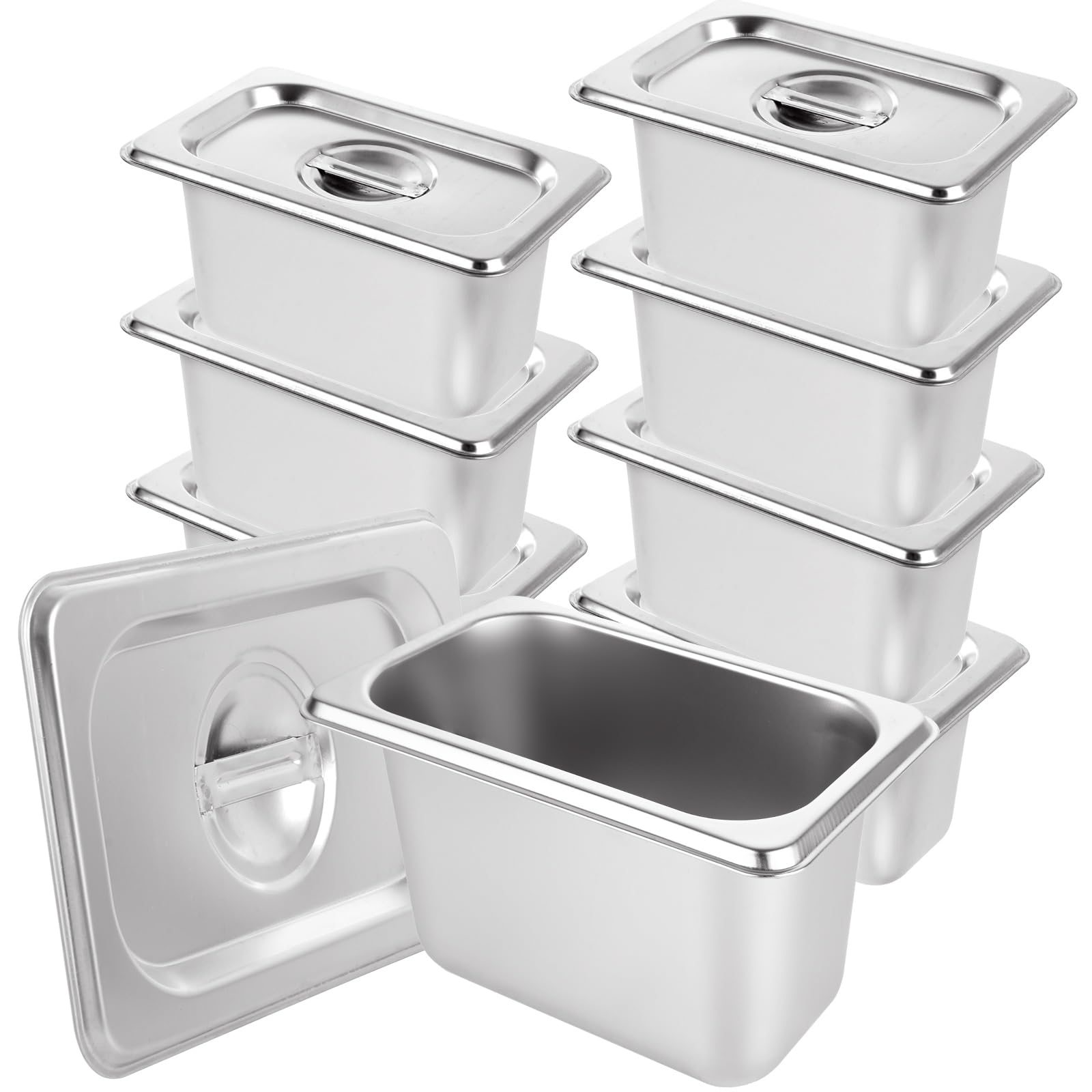 ABuff - Juego de 8 sartenes de acero inoxidable con tapas, mesa de vapor profunda de metal de 1/9 tamaño 4 inces, bandejas de vapor para bufé, sartenes de cocina comerciales de metal