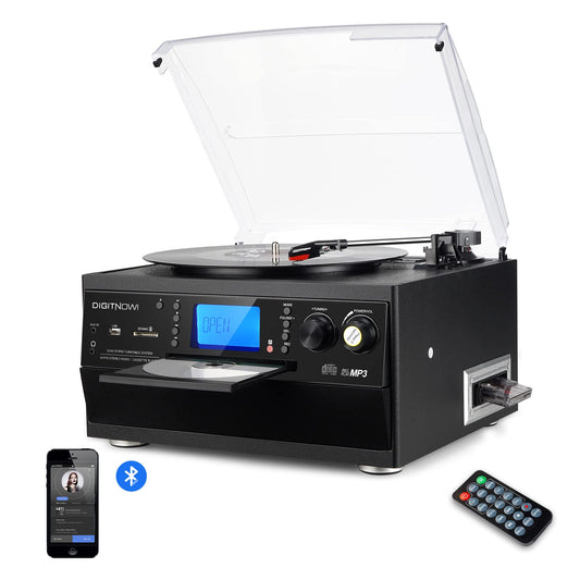 DIGITNOW - Tocadiscos Bluetooth con altavoz estéreo, convertidor de vinilo LP a MP3 con CD, casete, radio, entrada auxiliar y codificación USB/SD, control remoto, reproductor de música de audio