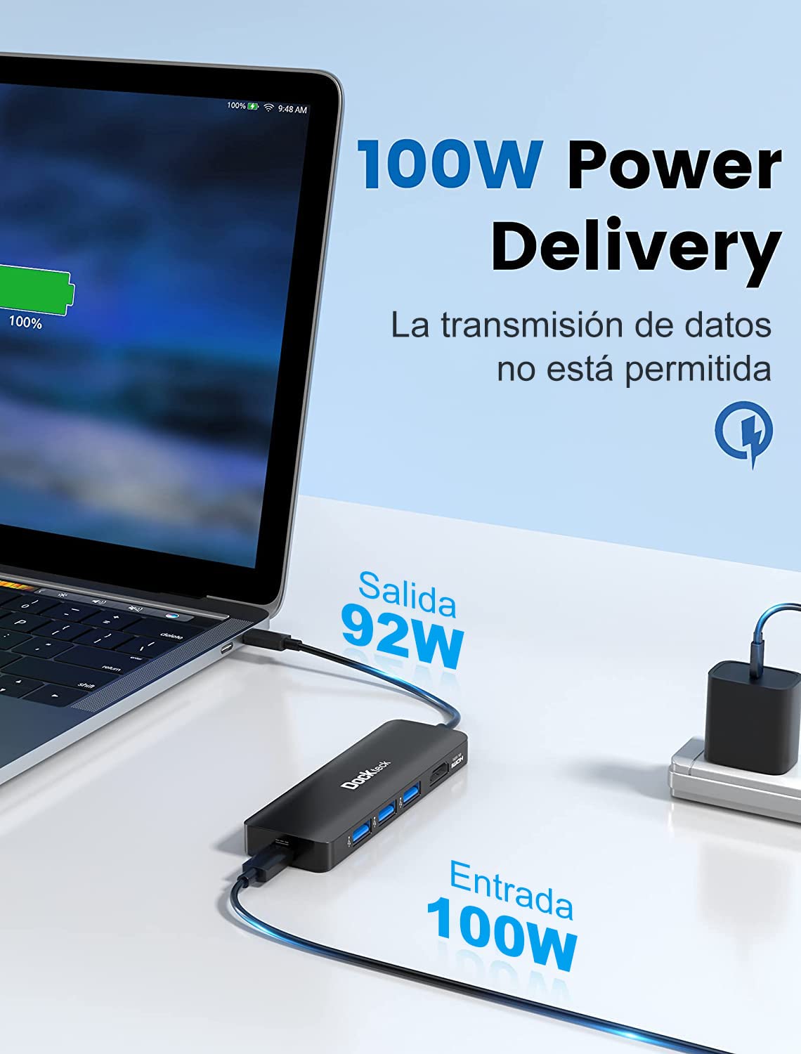 dockteck Hub USB C 4K 60Hz, Adaptador multipuerto USB C 5 en 1 con HDMI 4K, Suministro de energía de 100 W, 3 Puertos de Datos USB 3.0 para MacBook Pro/Air M1 2020, iPad Pro 2021, Surface Pro