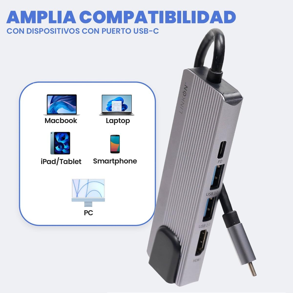 LINKON - Hub USB C Adaptador USB a Tipo C HDMI 4K, Ethernet Red RJ45 100Mbps, 2 Puertos USB 3.0, Carga Rápida 87W PD, Docking Station, Adaptador de Red (RJ45 5 en 1 1000 MBps)