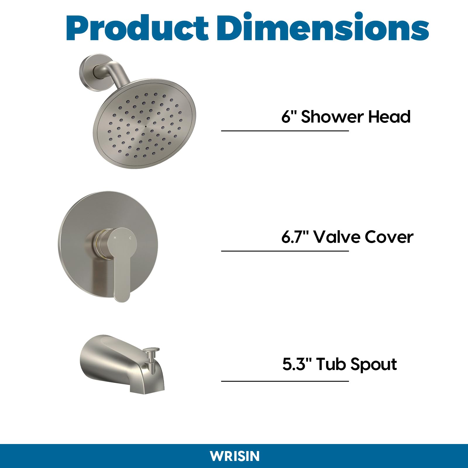Juego de Grifos de Ducha WRISIN Níquel Cepillado con Cabezal Rian Alta Presión 6 Pulgadas para Tina