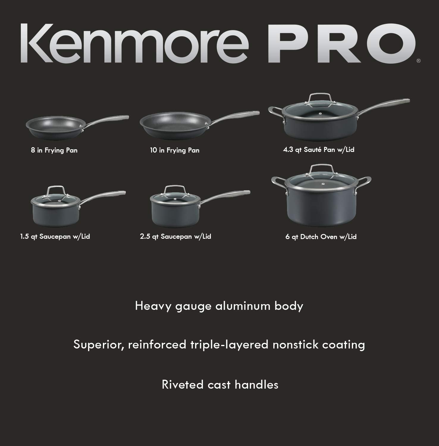 Kenmore Pro Arbor Heights - Juego de utensilios de cocina de aluminio forjado de platino anodizado duro de 7 capas, 10 piezas, color negro