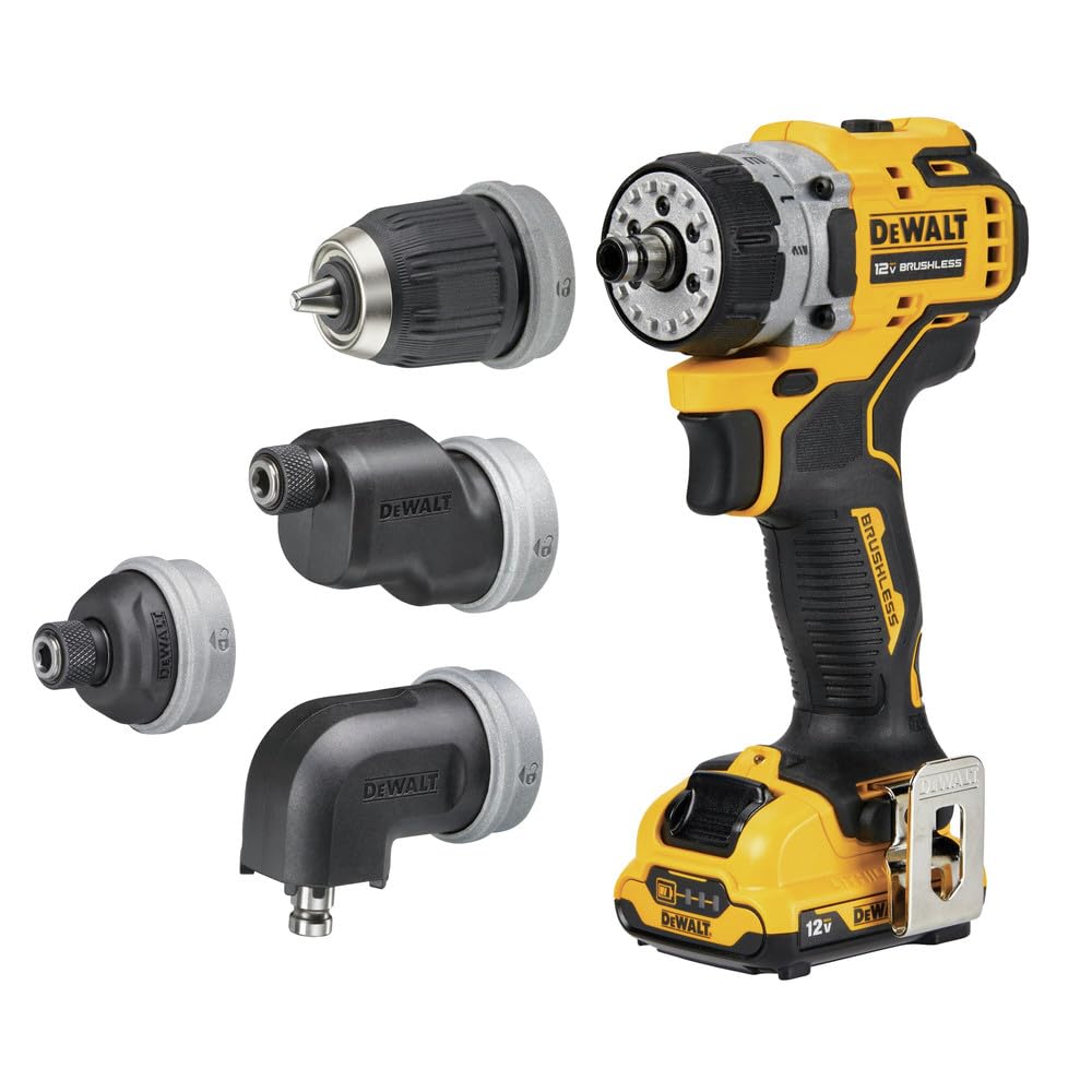 DEWALT 12V MAX* XTREME Kit de taladro/destornillador 5 en 1 sin escobillas, múltiples cabezales de cambio rápido, transmisión de 2 velocidades (DCD703F1)