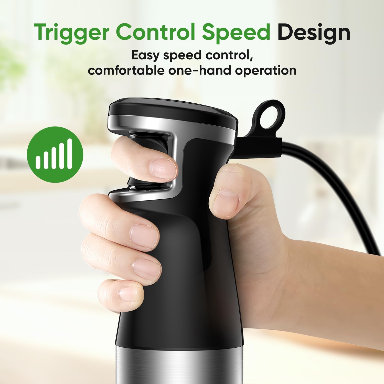 Licuadora de inmersión de mano 3 en 1 de 1100 W con cable para cocina con control de velocidad de gatillo, con batidor, espumador de leche, emulsionante perfecto para sopa, licuado, puré