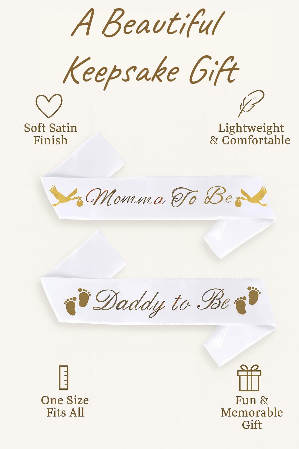 Paquete de fajas para baby shower "Momma To Be" y "Daddy To Be", con linda imagen de cigüeña (letras blancas y doradas), decoraciones para fiestas de baby shower para niñas y niños, regalos