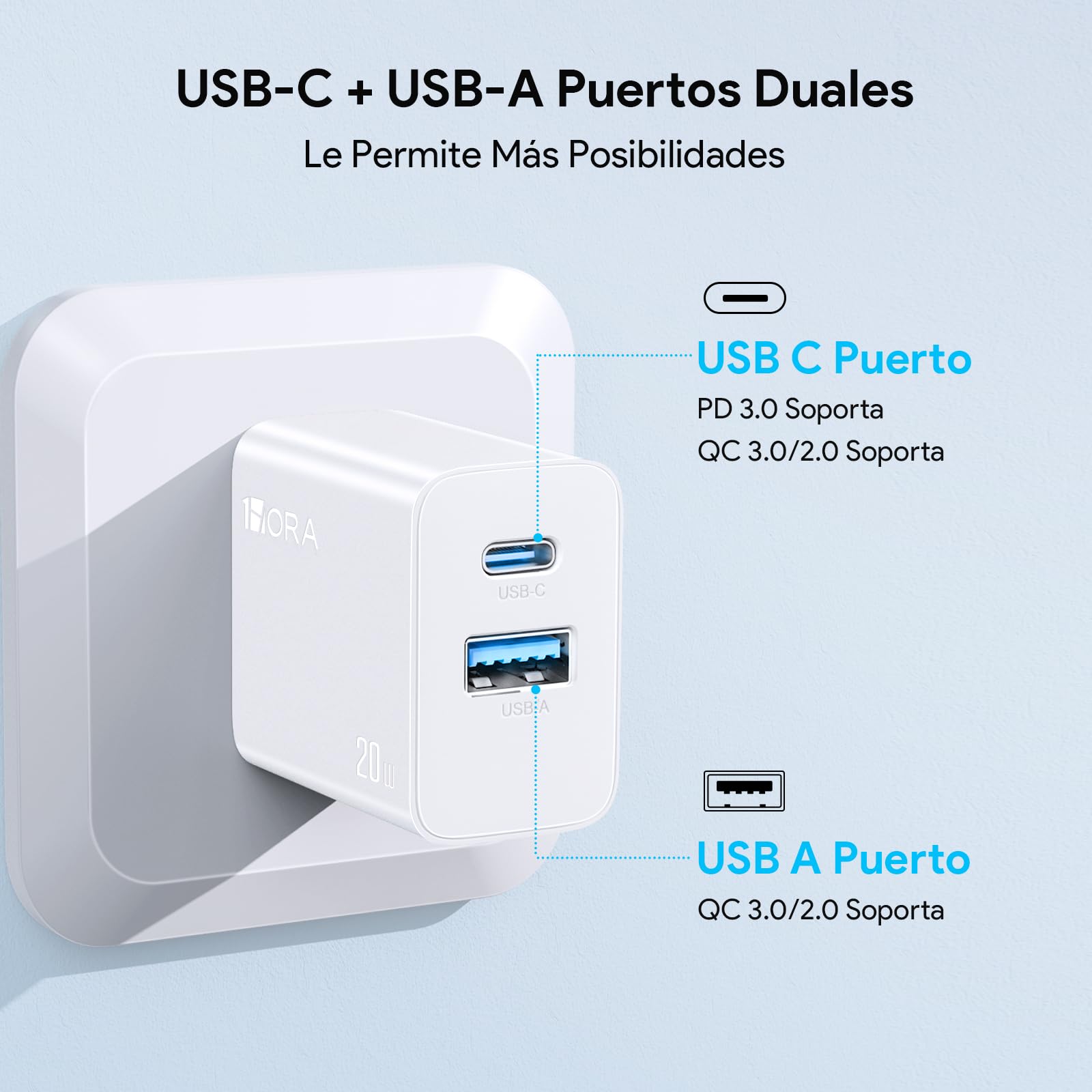 1 Hora 3 Paquetes Cargador Carga Rápida 20W 2 en 1, Cargador Tipo C PD 20W + USB A QC 18W con Cable C a C, Compatible con IP 15 14 13 Pro MAX XS, Galaxy S24/S23/S22/S21+/Note 10, iPad Pro