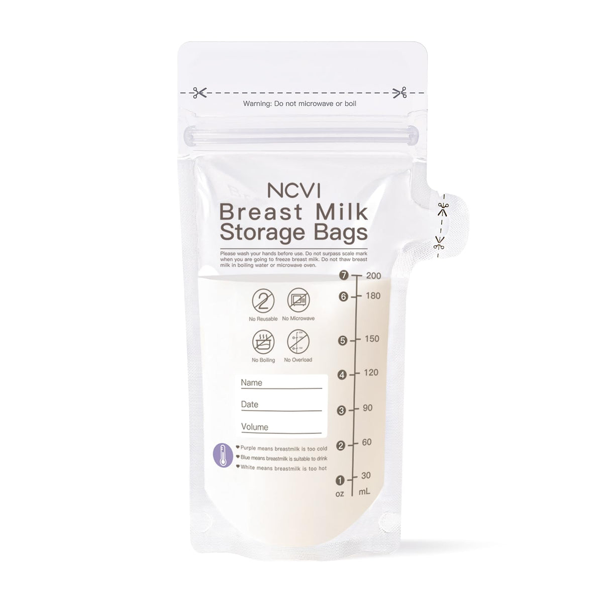 NCVI Bolsas de almacenamiento de leche materna, bolsas de almacenamiento de leche de 180 unidades para lactancia materna, bolsas de almacenamiento de congelador de leche materna de 7 onzas con sensor de temperatura, pre-Sterilizadas, autónomas, boquilla d