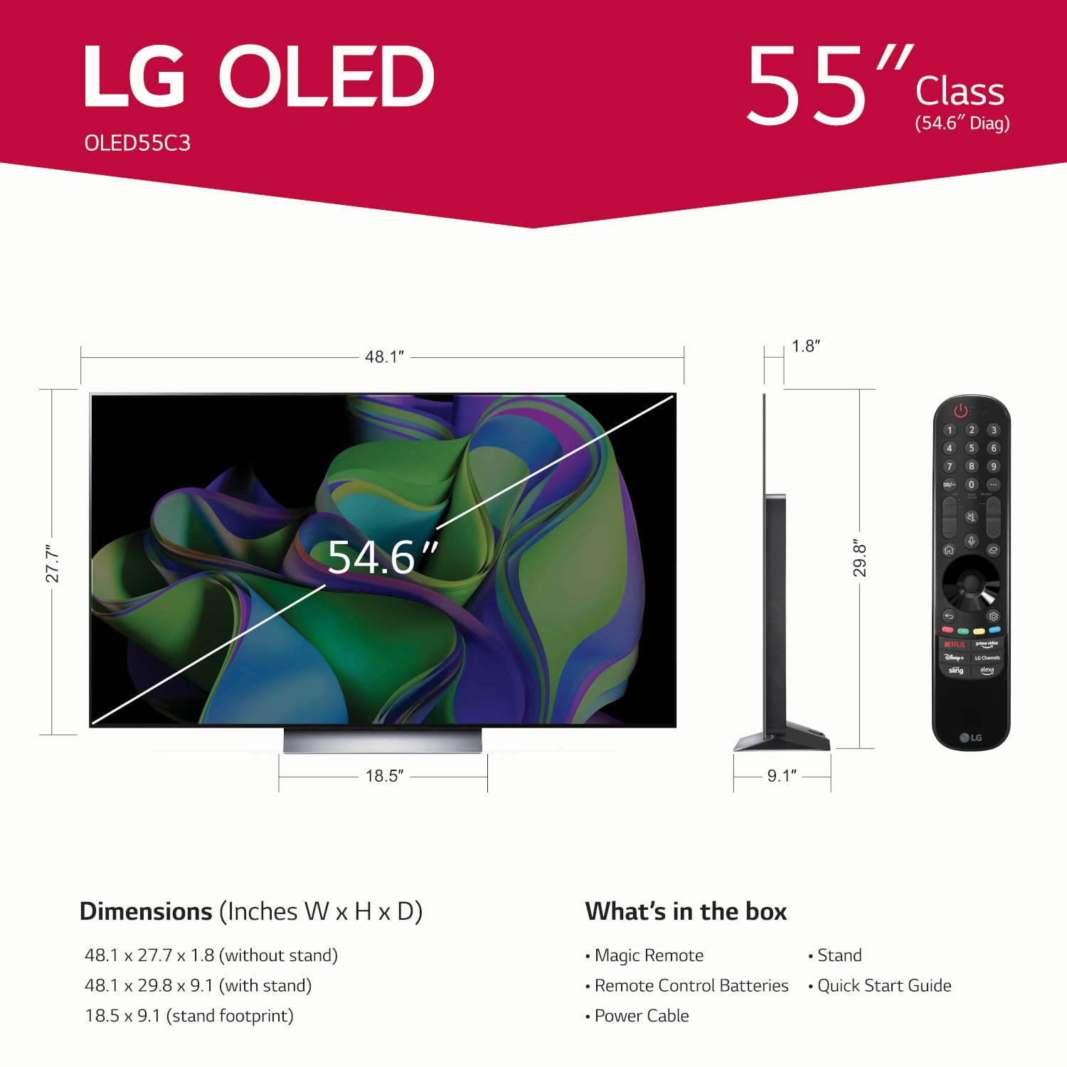LG C3 Series 55 Pulgadas Clase OLED EVO 4K Procesador Smart TV de visualización Plana para Juegos con Magic Remote AI-Powered OLED55C3PUA, frecuencia de actualización de 120Hz, 2023 con Alexa