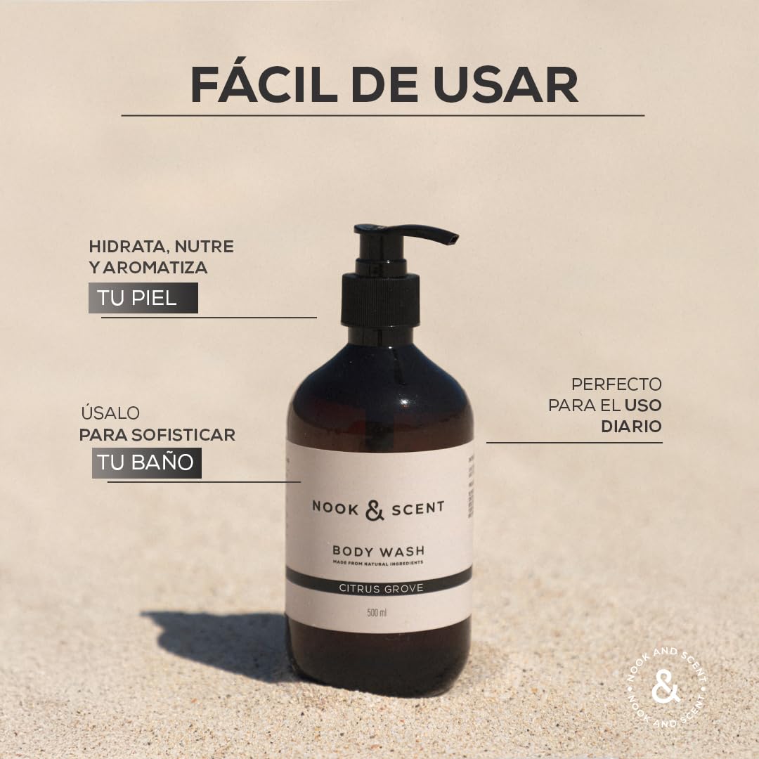 Body Wash Cítrico | 500 ml | Limpieza e Hidratación | Libre de Sulfatos y Parabenos, Vegano, Aceites Esenciales, Aroma Revitalizante con Notas de Naranja, Cedro y Patchouli | Nook & Scent