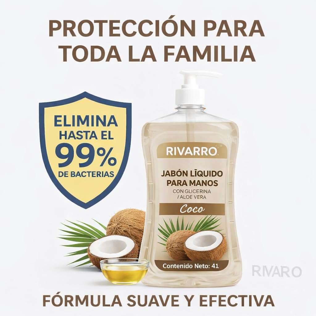 RIVARRO | Jabón Líquido Para Manos con Glicerina y Aloe Vera, Aroma, 4 Litros, Fórmula Suave y Efectiva, Elimina 99% de Bacterias, Para Cocina, Oficina y Baño (Coco)