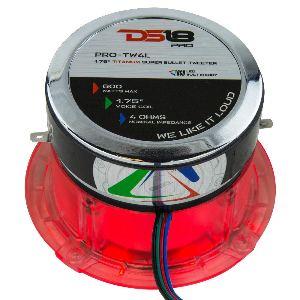 DS18 PRO-TW4L RGB Super altavoz de agudos - 1.75 pulgadas, marco de policarbonato y diafragma de titanio, 560 W máximo, 280 W RMS, 4 ohmios, cruce integrado - Los tweeters PRO son los mejores del mercado de audio profesional (1 altavoz)