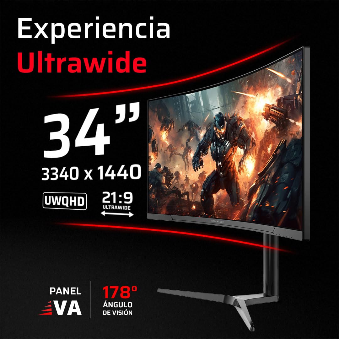 Balam Rush Monitor Gamer Curvo 34" 165hz / Extreme Earth Plus MGM34P / UWQHD R1500 / 1ms / Pip+PBP/F-Sync/G-Sync/Flicker -Free/HDR/Altura Ajustable / 2xHDMI 2.1 + 2xDP 1.4 + 3.5 mm/RGB/VESA 75mm