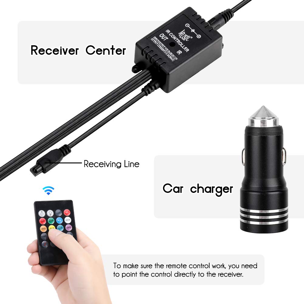 Haofy Luz Interior Coche, 4 Piezas 48 LED Lámpara de Neón Luz de Tira Multicolor Coche de Música, con Función Activa de Sonido y Control Remoto y Puertos USB y Cargador de Automóvil