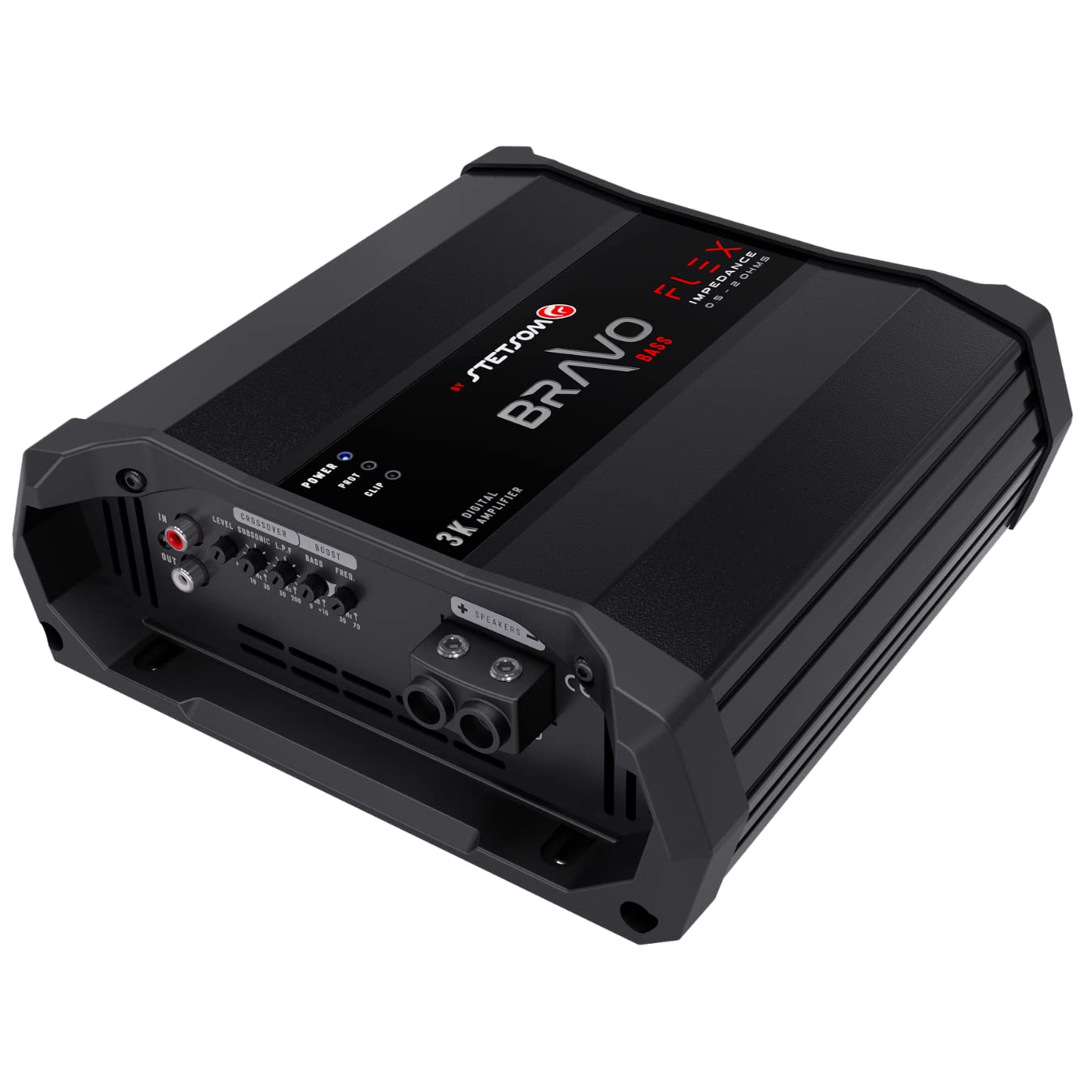 Amplificador de Audio para Coche Stetsom Bravo BASS Flex 3K Negro con Sistema de Impedancia Automática Monobloque 3000 W RMS a Impedancia Variable 0.5 a 2 Ohmios