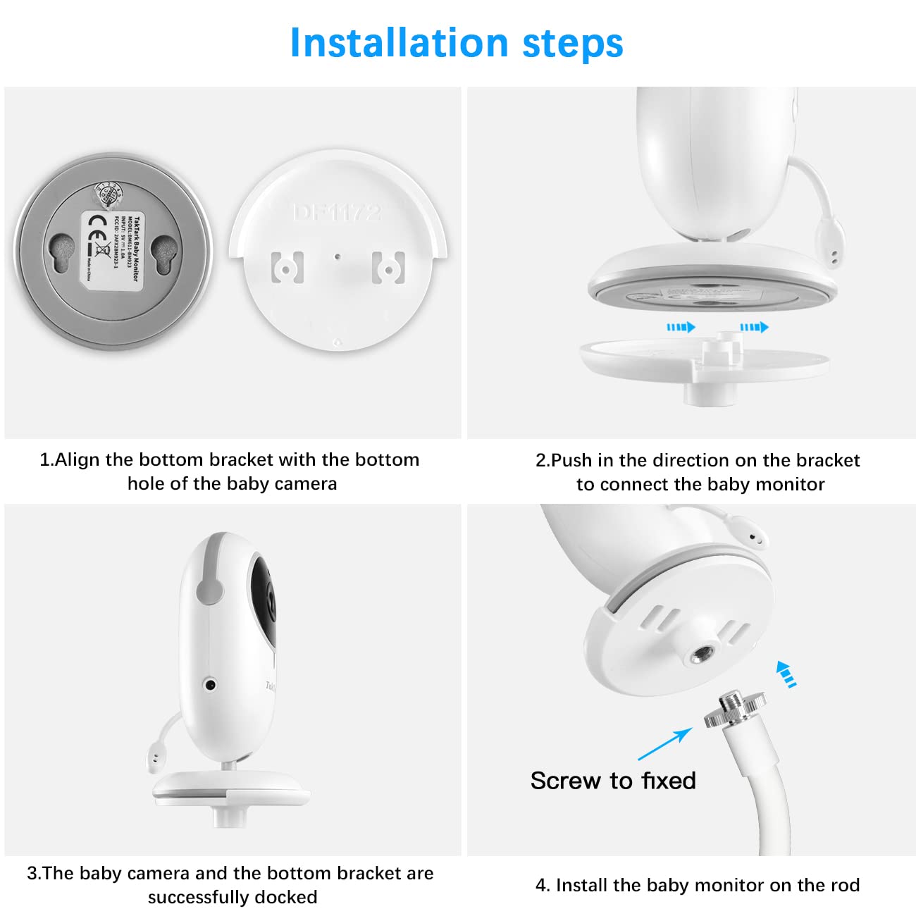HOLACA - Soporte de clip flexible para monitores de bebé TakTark BM611/BM612, soporte de cámara con orificio roscado de 1/4 y montaje ajustable de 360 grados para cuna (con conexión de base) (montaje de clip)