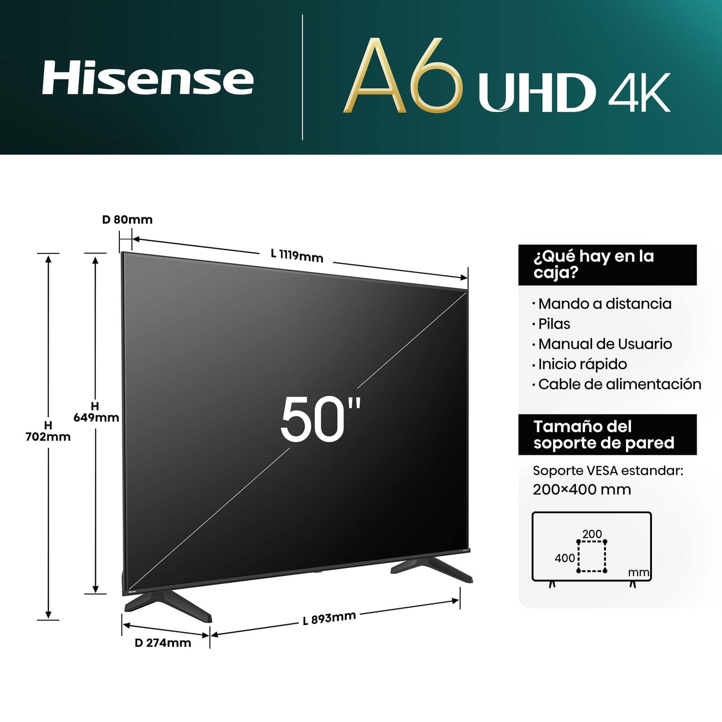 Hisense Pantalla UHD 4K de 50" 50A6NV, VIDAA Smart TV, 50 Pulgadas, Dolby Vision, Modo Juego Plus, DTS Virtual X, Control por Voz televisor, Doble Control de Volumen, (Nuevo 2024)