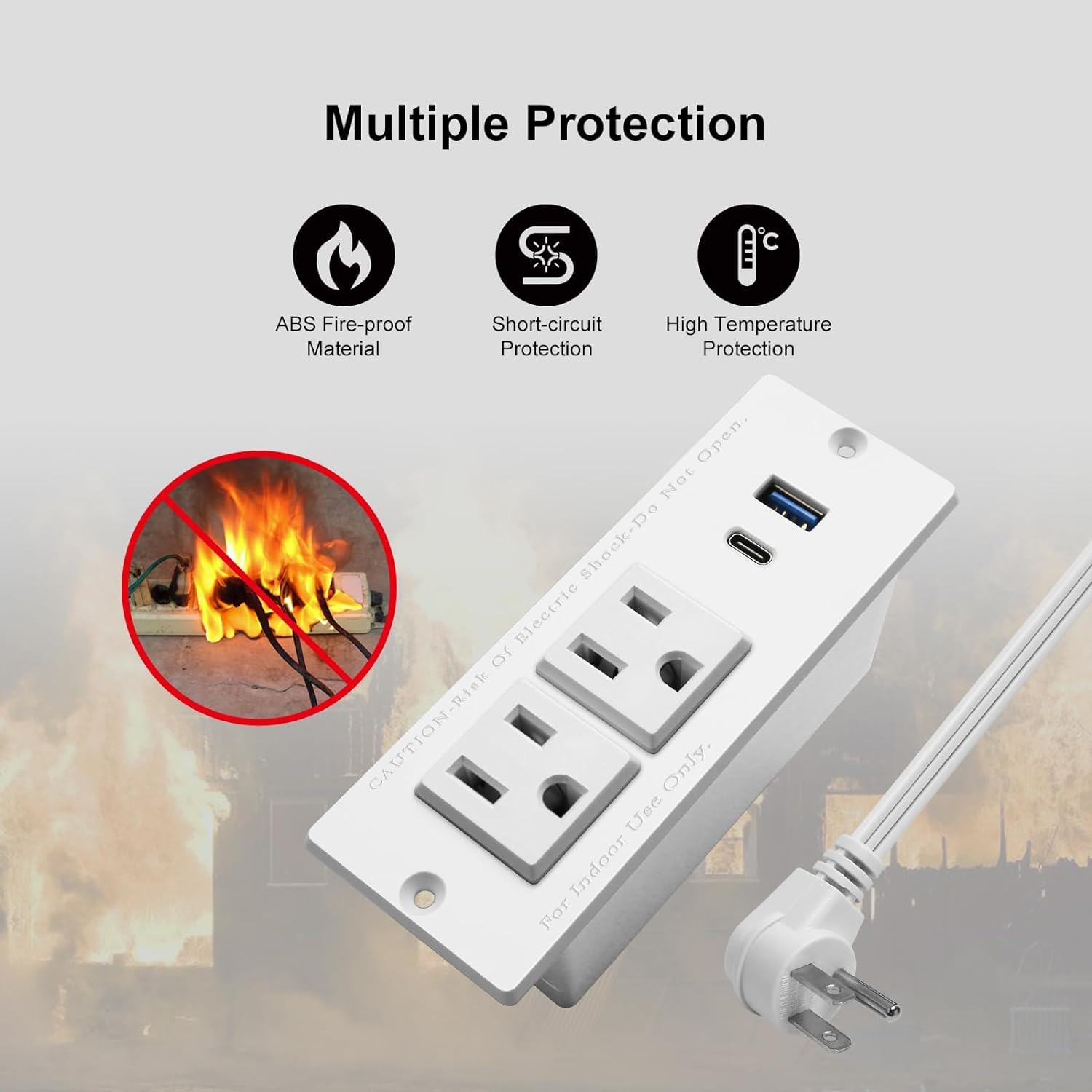 Tira de alimentación empotrada USB C de 4 hojas, estación de energía de computadora de carga rápida, 2 tomacorrientes, 2 USB (PD20W y QC18W, total 20W), enchufe plano montable, cable de extensión de