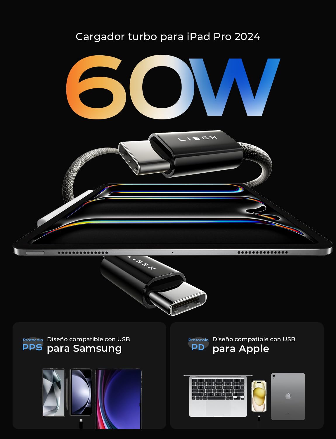 LISEN Cable USB C a USB C 60W 5 Paquete [1M/1M/2M/2M/3M] Cable USBC Carga Rapida, Tipo-C a C Compatible Con Switch 2 Cargador Tipo C iPhone 16/15 Pro Samsung Galaxy S25/S24/S23 Macbook, Xiaomi, Negro