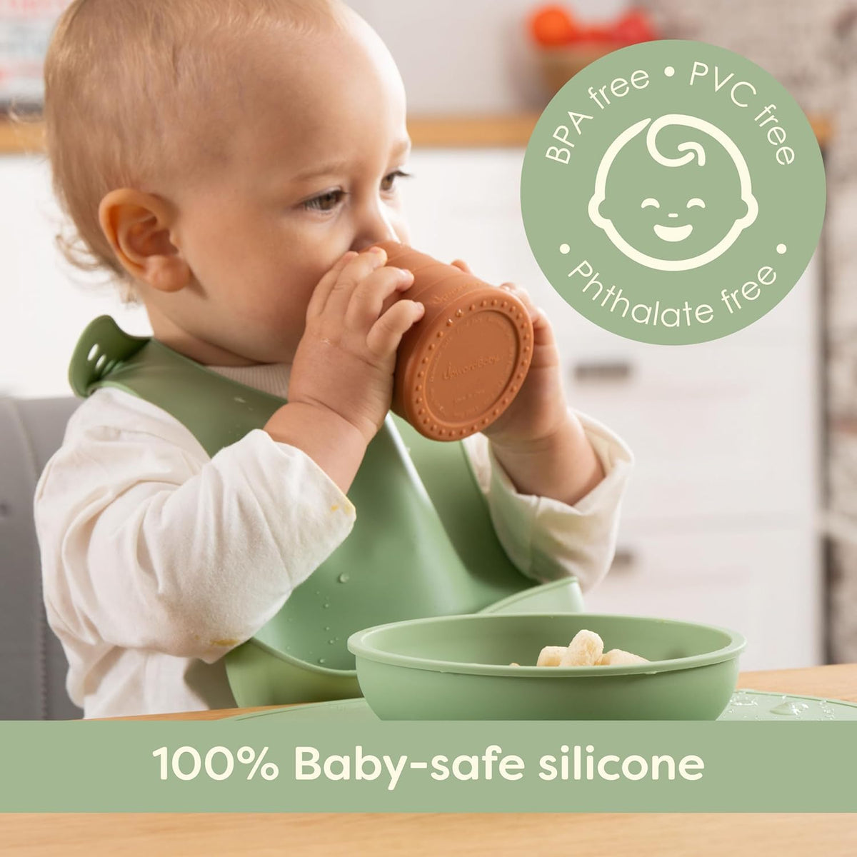 Upward Baby Eating Supplies - 6 meses de edad, utensilios de destete LED para bebés de 6 a 12 meses, cuencos de ventosa, platos de bebé, cucharas y tazas para niños pequeños con 3 baberos de silicona, juego de autoalimentación para bebés