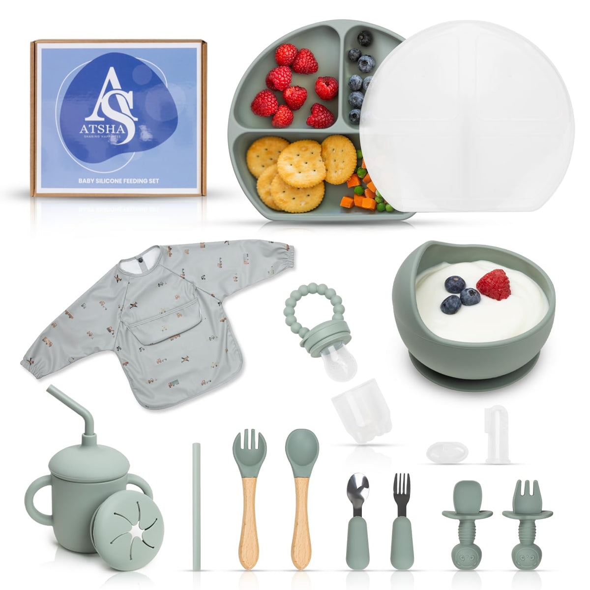 Juego de alimentación de bebé de silicona, 19 piezas de suministros de destete LED para bebé, incluye plato de silicona para bebé con cubierta, taza para beber, 3 juegos de tenedores, tetter de