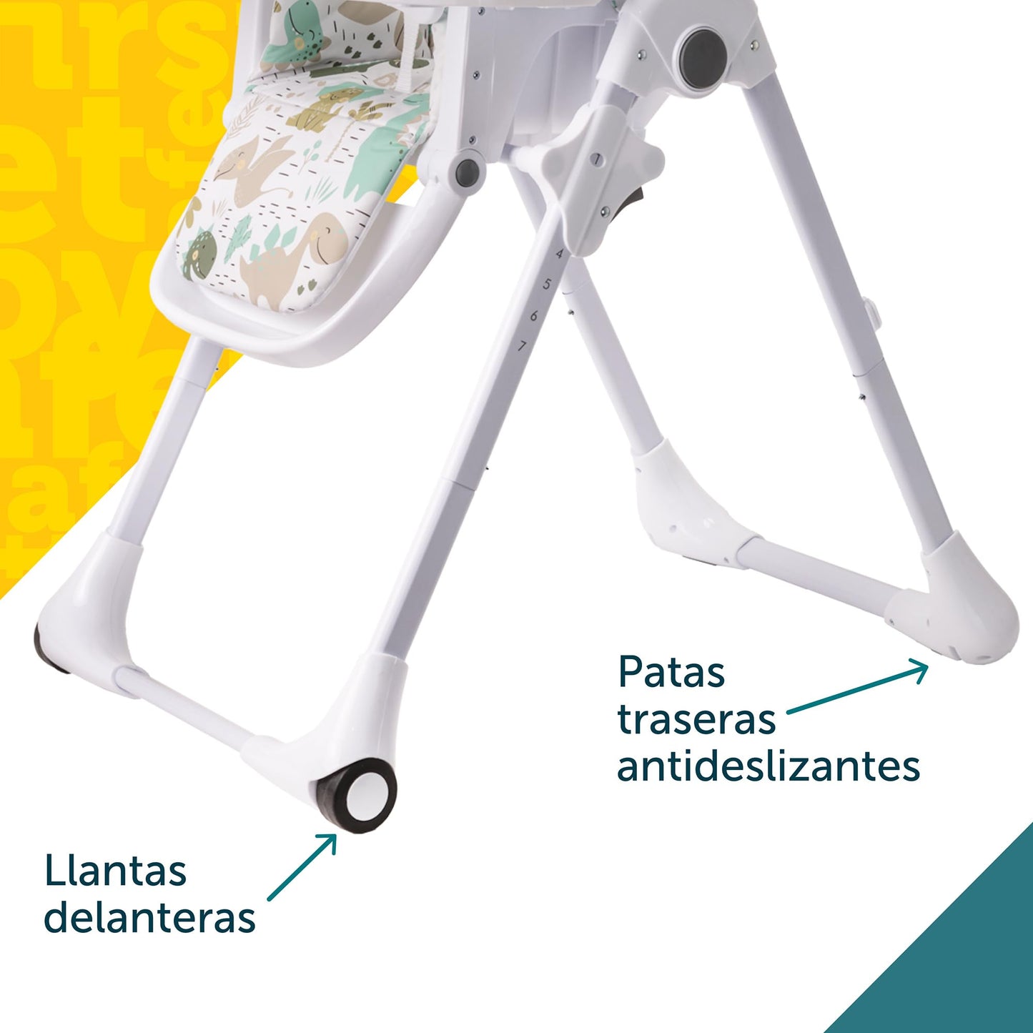 Safety 1st Silla Alta Periquera Tavola, Dinosaurios, 7 posiciones de altura, 3 de reclinación, reposapiés ajustable, doble charola, plegado compacto.